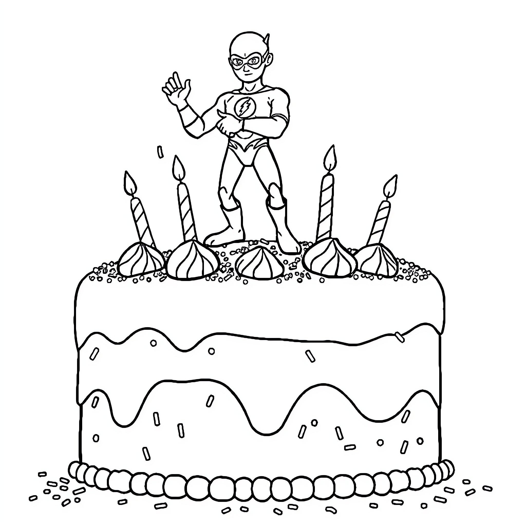Flash Celebrating Birthday with Cake and Candles Coloring Page (free black-and-white line drawing printable PDF for all, from beginners to advanced learners, including children, teens, adults, and seniors)