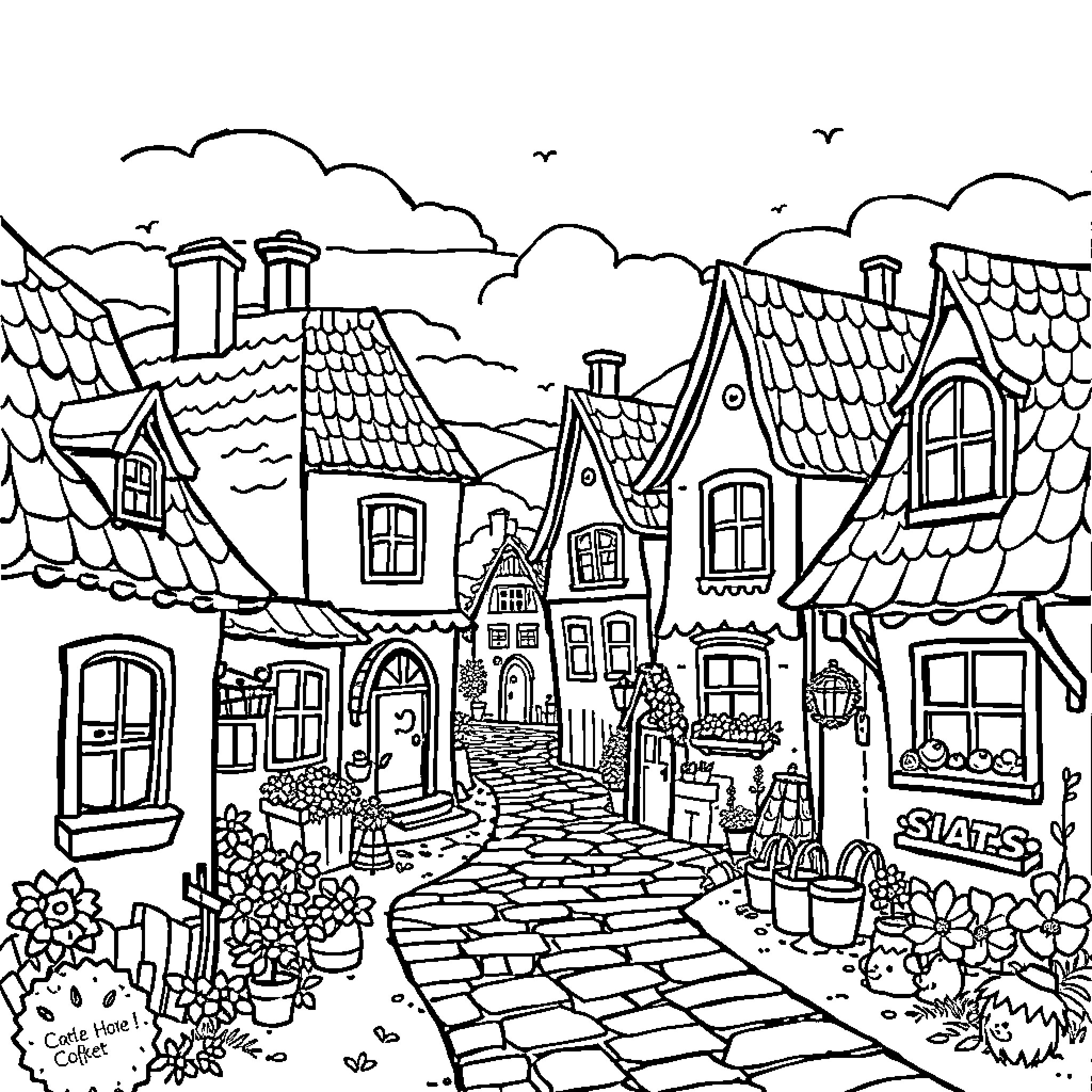 Houde Scenic European Village Landscape Coloring Page (free black-and-white line drawing printable PDF for all, from beginners to advanced learners, including children, teens, adults, and seniors)