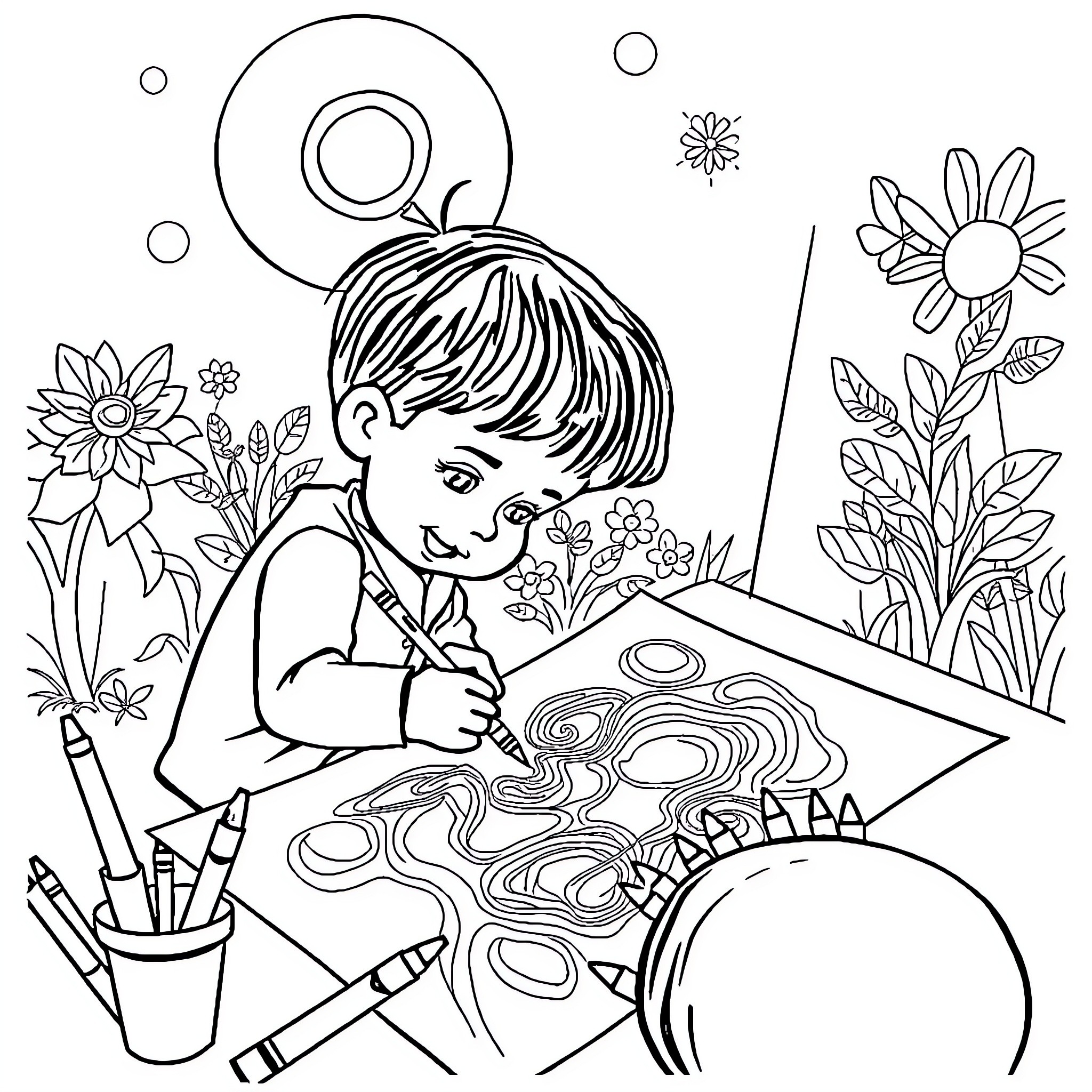 Kid drawing with crayons in the garden Coloring Page (free black-and-white line drawing printable PDF for all, from beginners to advanced learners, including children, teens, adults, and seniors)