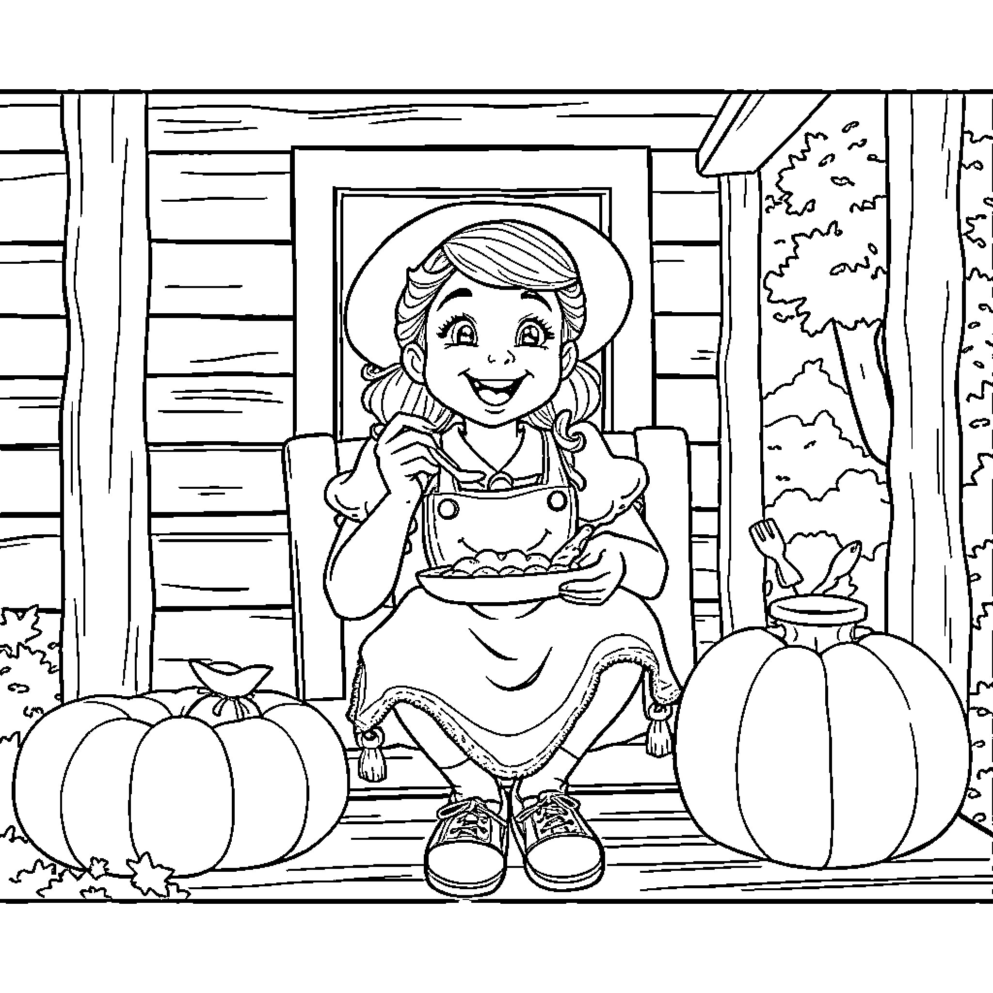 Girl with Baked Goods on Porch with Pumpkins Coloring Page (free black-and-white line drawing printable PDF for all, from beginners to advanced learners, including children, teens, adults, and seniors)