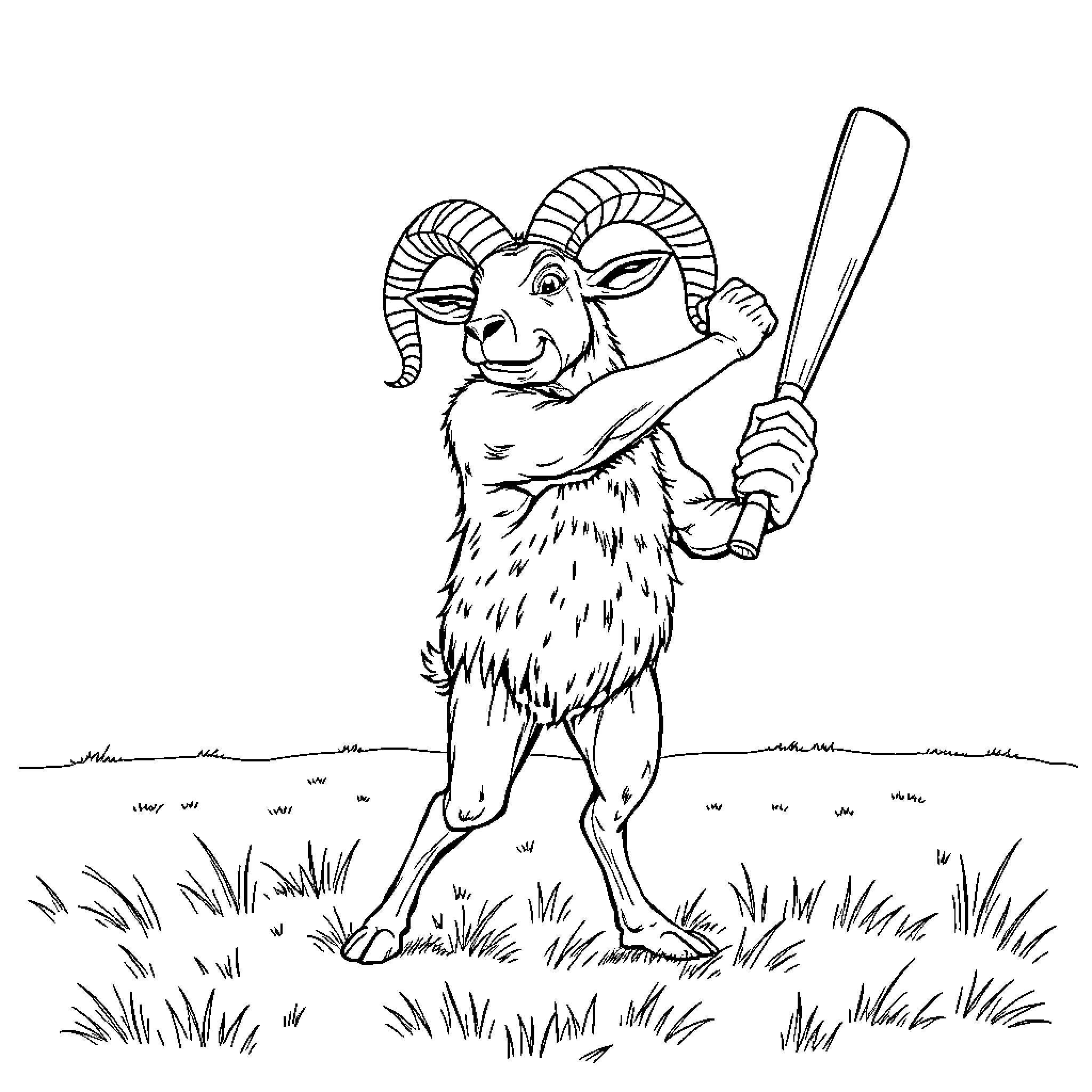 Ram playing joyfully with a bat in the meadow Coloring Page (free black-and-white line drawing printable PDF for all, from beginners to advanced learners, including children, teens, adults, and seniors)