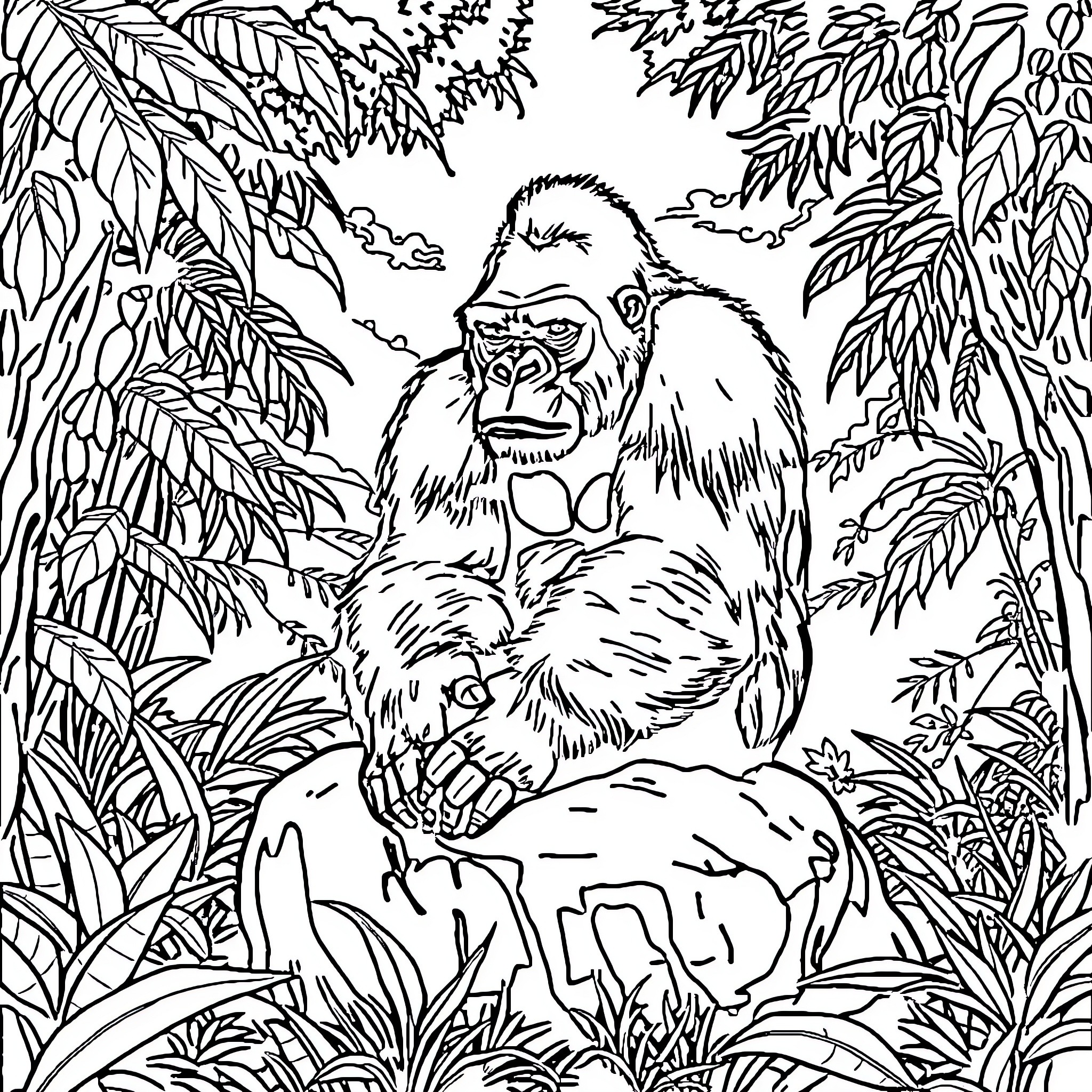 Gorilla sitting in lush jungle foliage Coloring Page (free black-and-white line drawing printable PDF for all, from beginners to advanced learners, including children, teens, adults, and seniors)