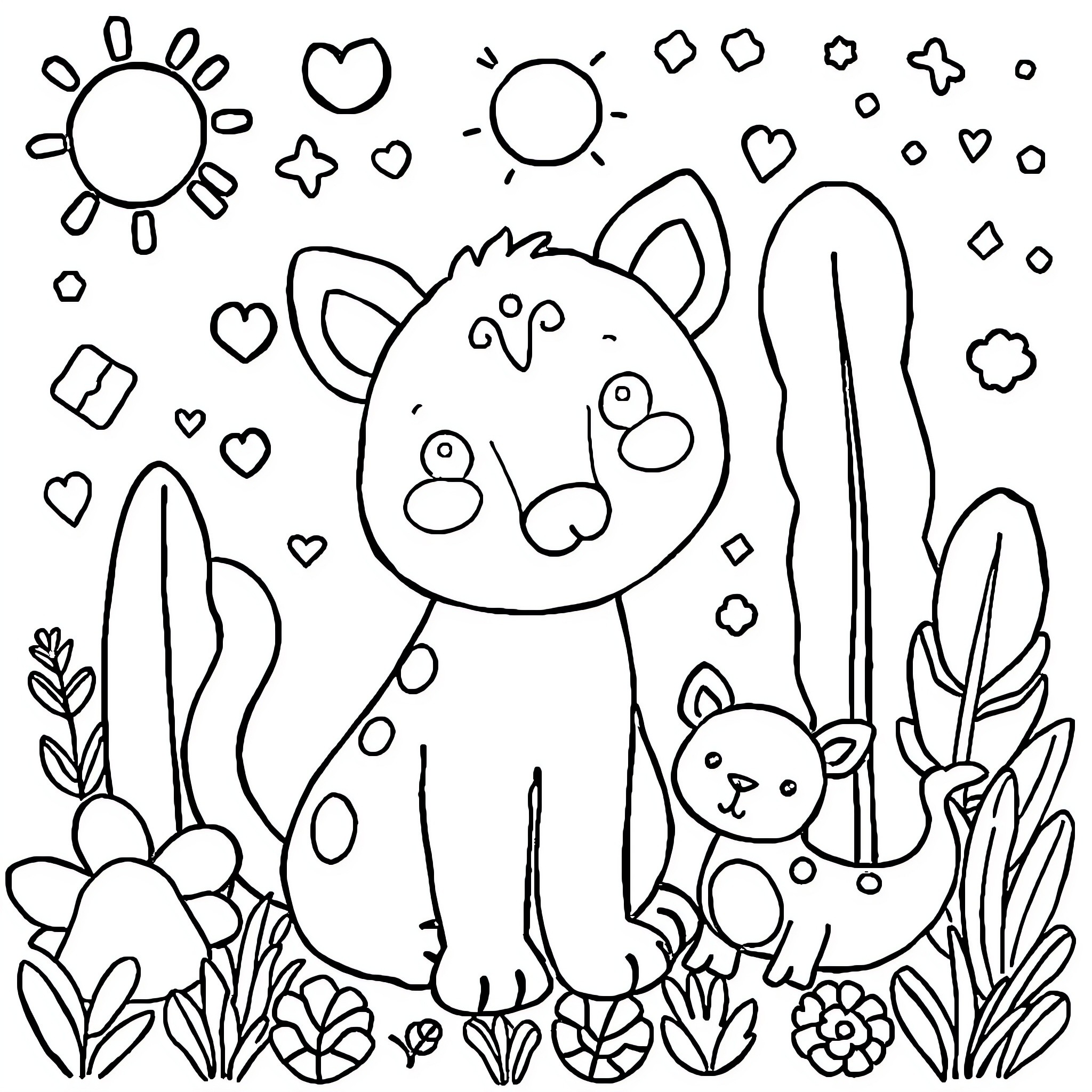 Drawing of Cute Animals Playing in Nature Coloring Page (free black-and-white line drawing printable PDF for all, from beginners to advanced learners, including children, teens, adults, and seniors)