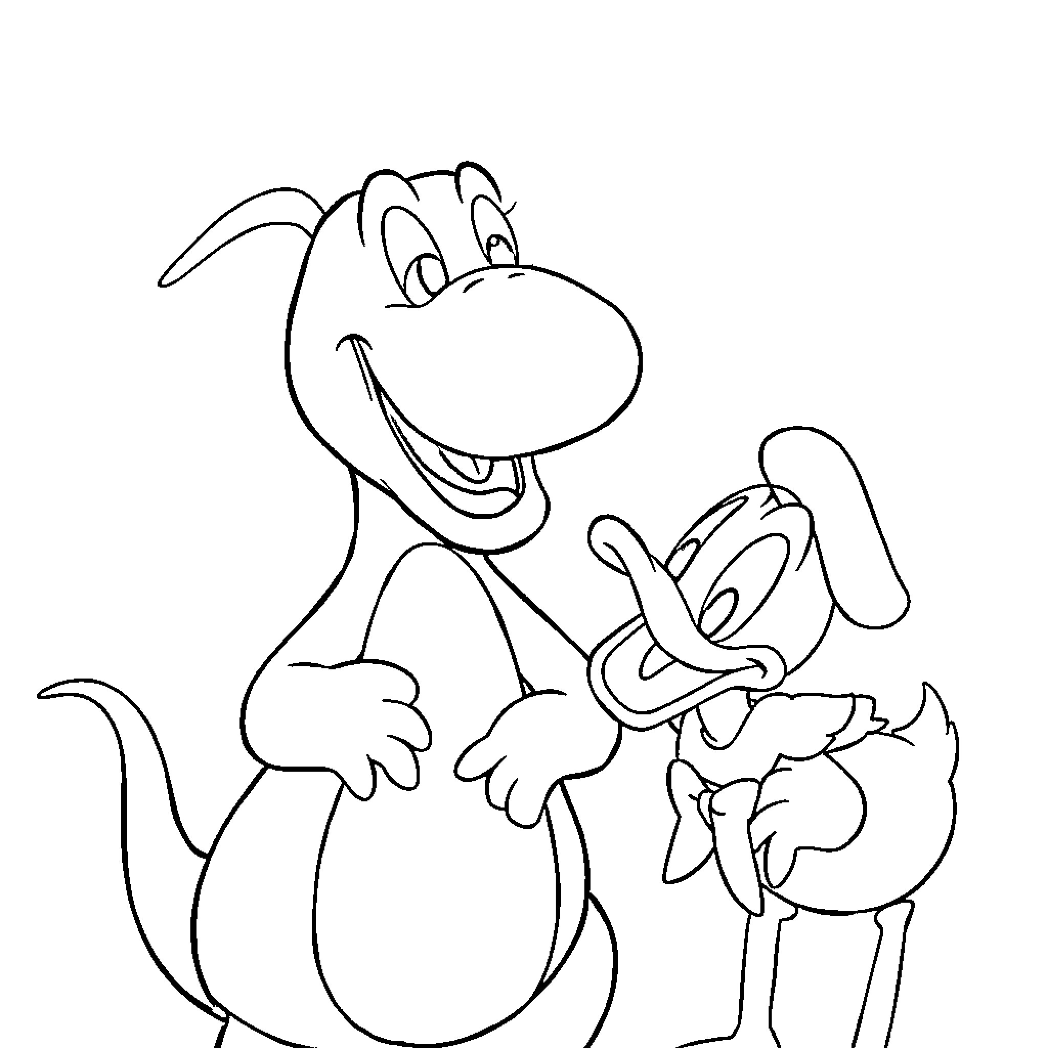 Barney playing happily with Baby Bop in the park Coloring Page (free black-and-white line drawing printable PDF for all, from beginners to advanced learners, including children, teens, adults, and seniors)