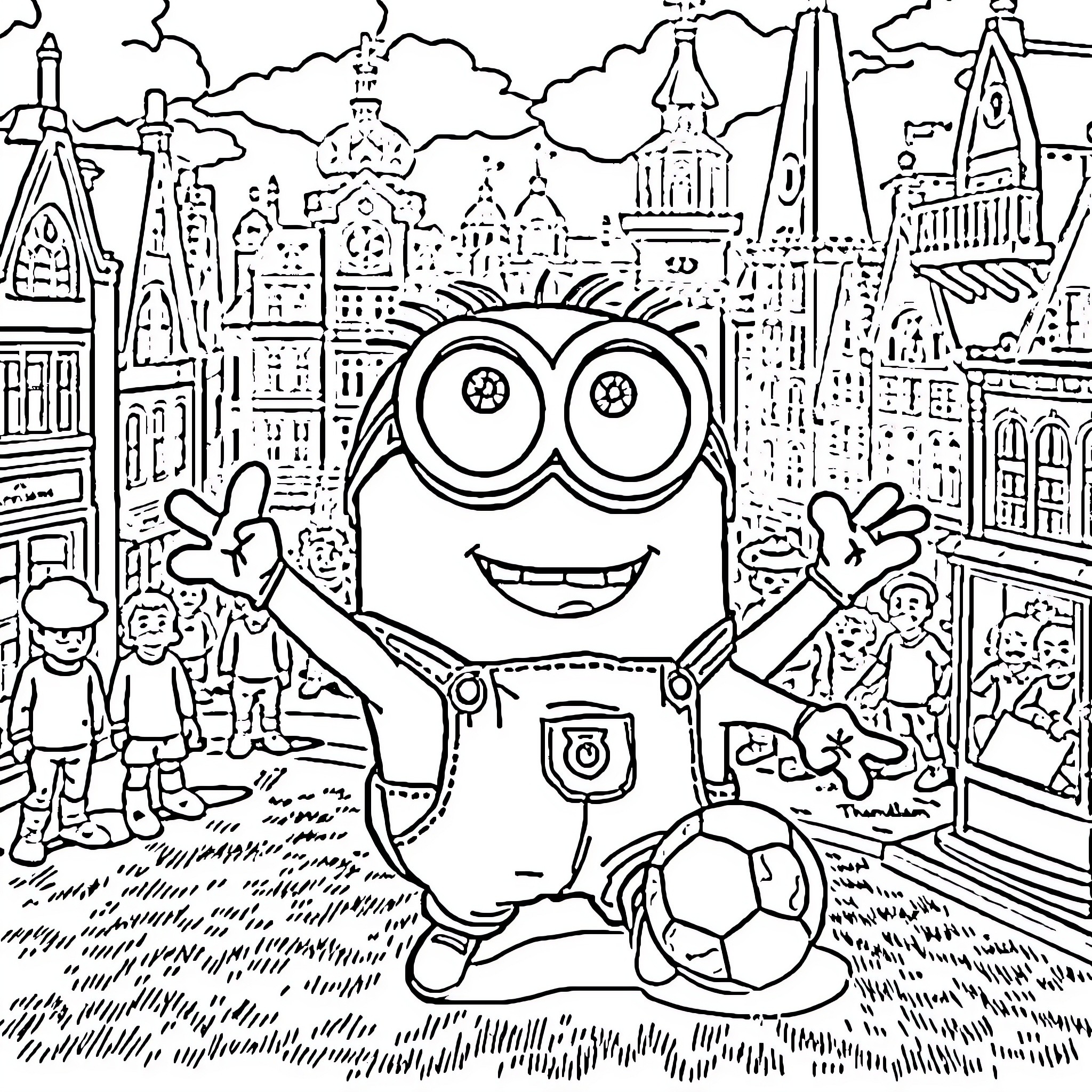 Minion enjoying a day in the city Coloring Page (free black-and-white line drawing printable PDF for all, from beginners to advanced learners, including children, teens, adults, and seniors)
