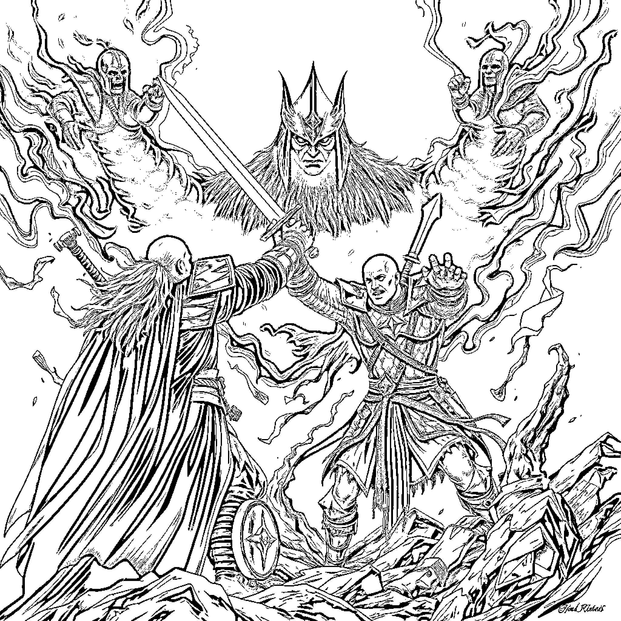 Witcher Warriors in Epic Battle Clash Coloring Page (free black-and-white line drawing printable PDF for all, from beginners to advanced learners, including children, teens, adults, and seniors)