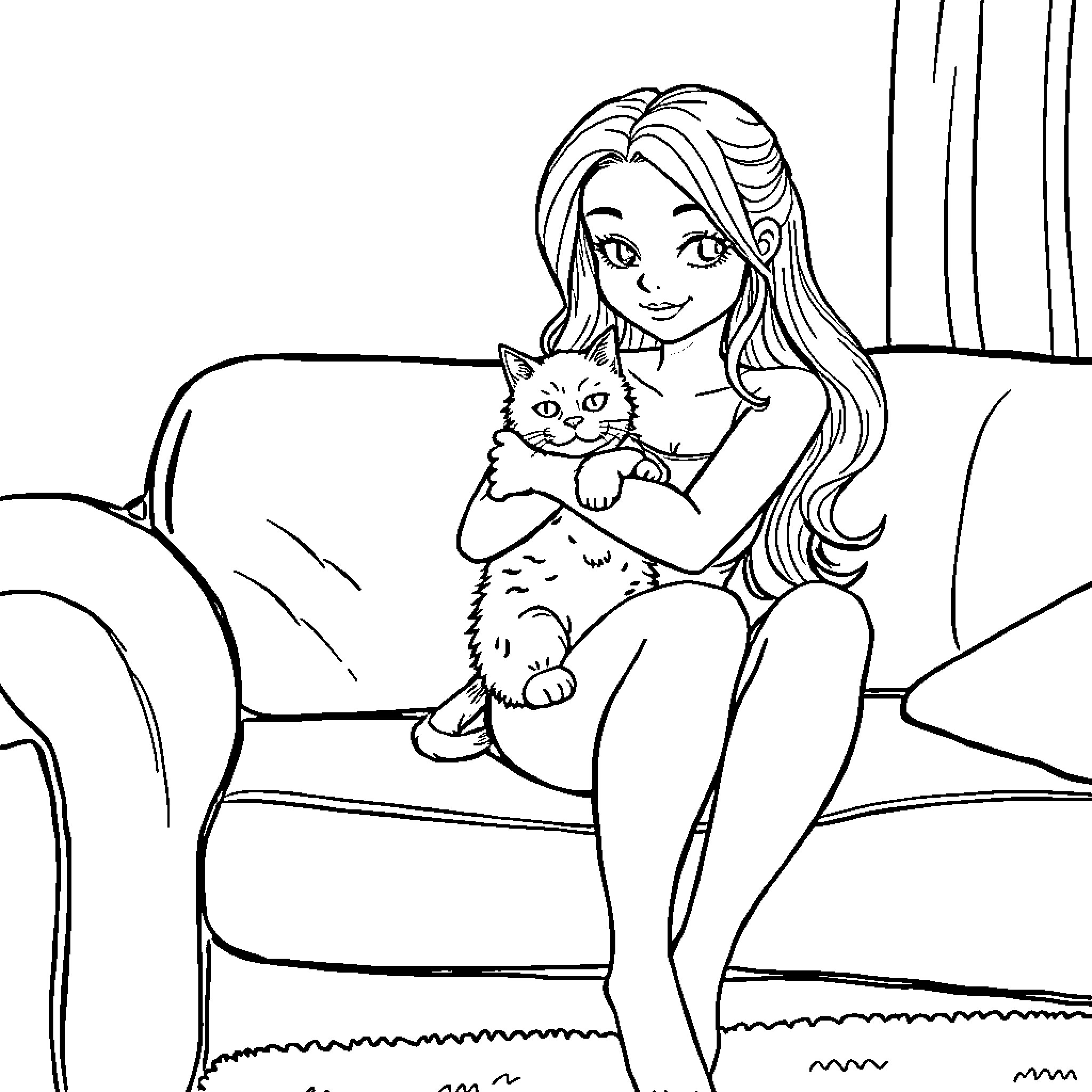Bella relaxing with her pet cat on the couch Coloring Page (free black-and-white line drawing printable PDF for all, from beginners to advanced learners, including children, teens, adults, and seniors)
