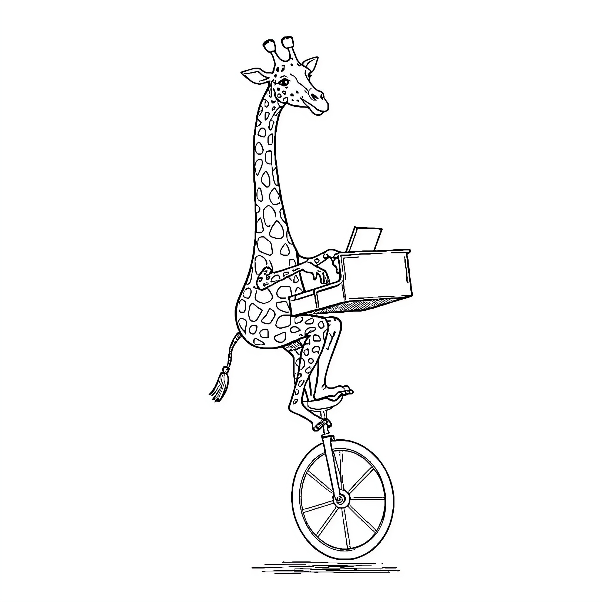 Giraffe riding a unicycle with a box Coloring Page (free black-and-white line drawing printable PDF for all, from beginners to advanced learners, including children, teens, adults, and seniors)