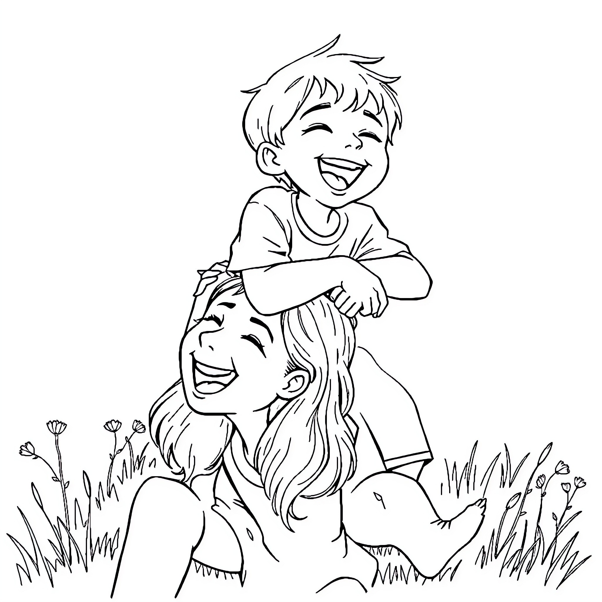 Boy sharing joyful moment with mother in nature Coloring Page (free black-and-white line drawing printable PDF for all, from beginners to advanced learners, including children, teens, adults, and seniors)