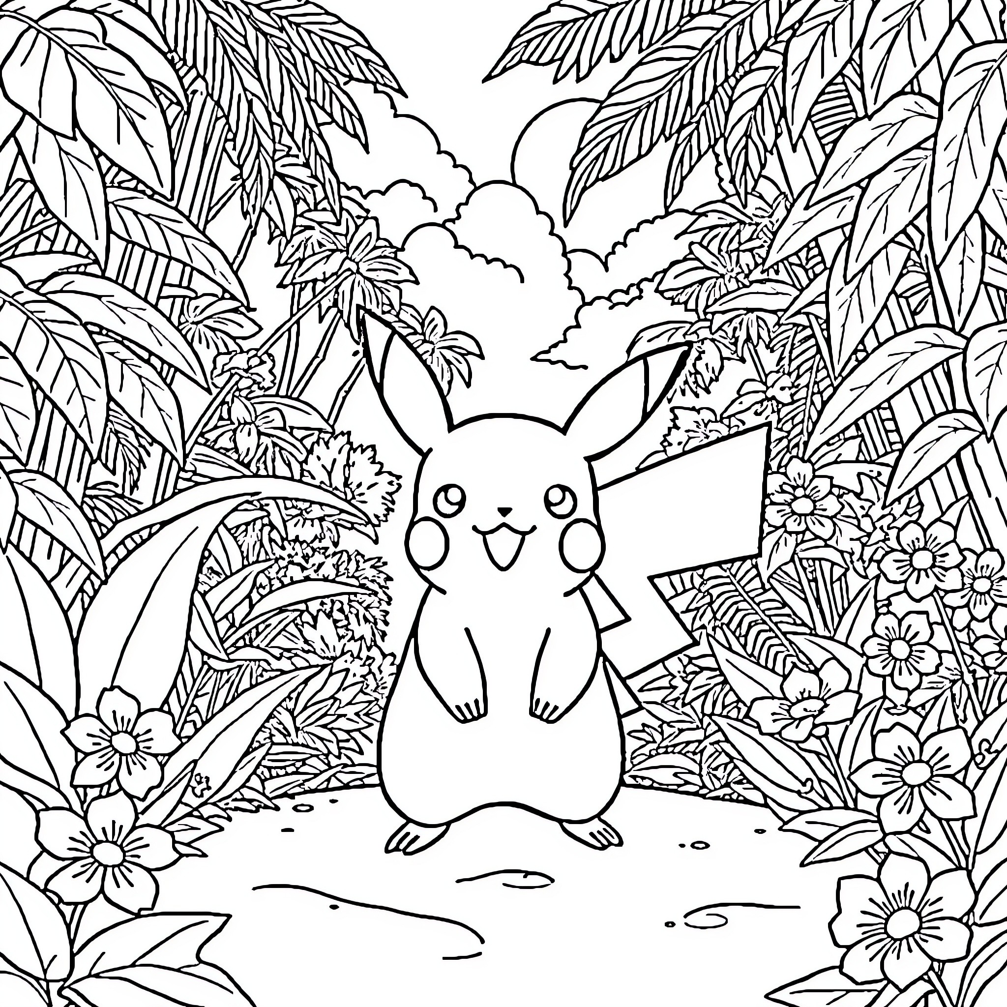 Pikachu enjoying the jungle scenery Coloring Page (free black-and-white line drawing printable PDF for all, from beginners to advanced learners, including children, teens, adults, and seniors)