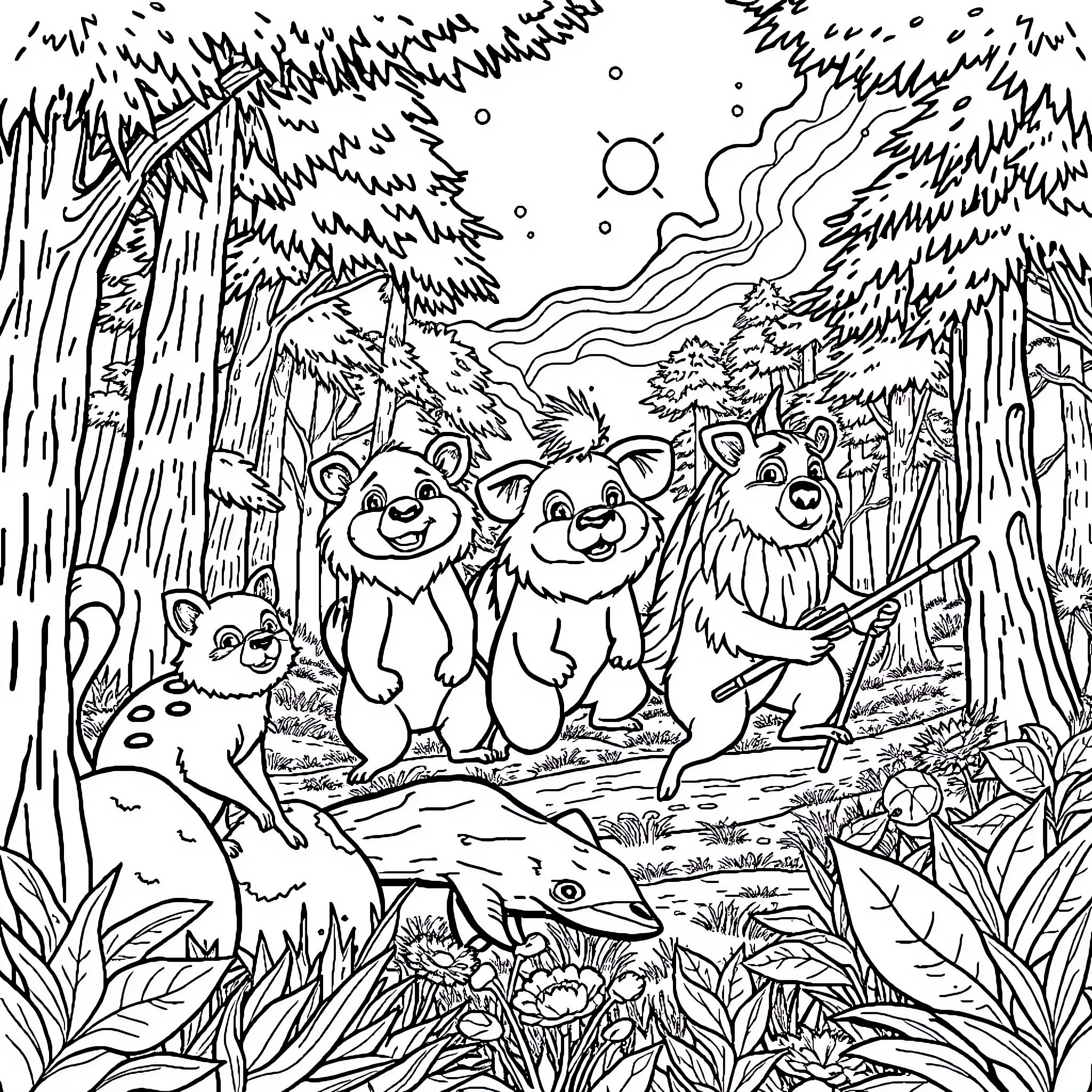 Animal Family Exploring the Magical Forest Coloring Page (free black-and-white line drawing printable PDF for all, from beginners to advanced learners, including children, teens, adults, and seniors)