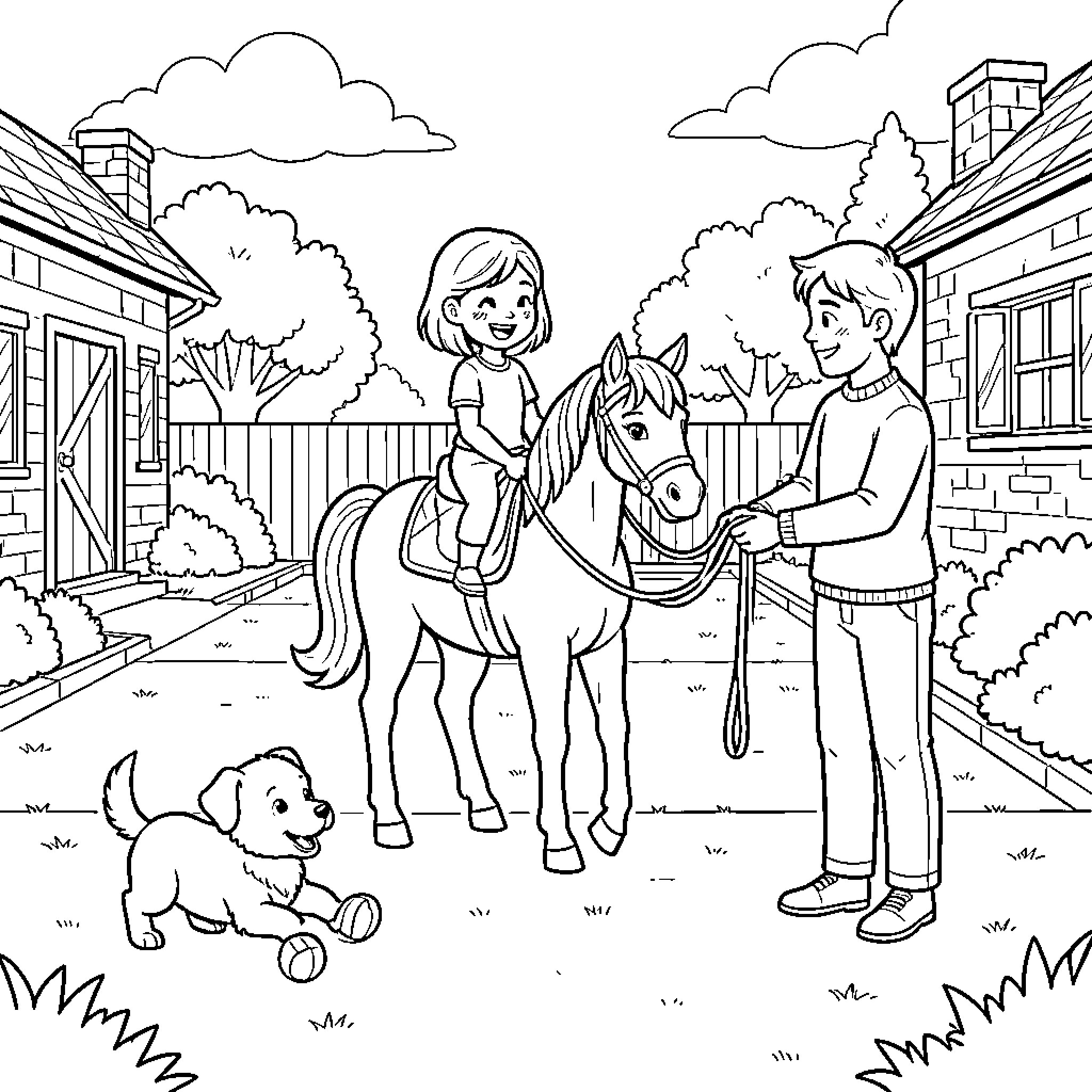 Pony being ridden by a smiling girl Coloring Page (free black-and-white line drawing printable PDF for all, from beginners to advanced learners, including children, teens, adults, and seniors)