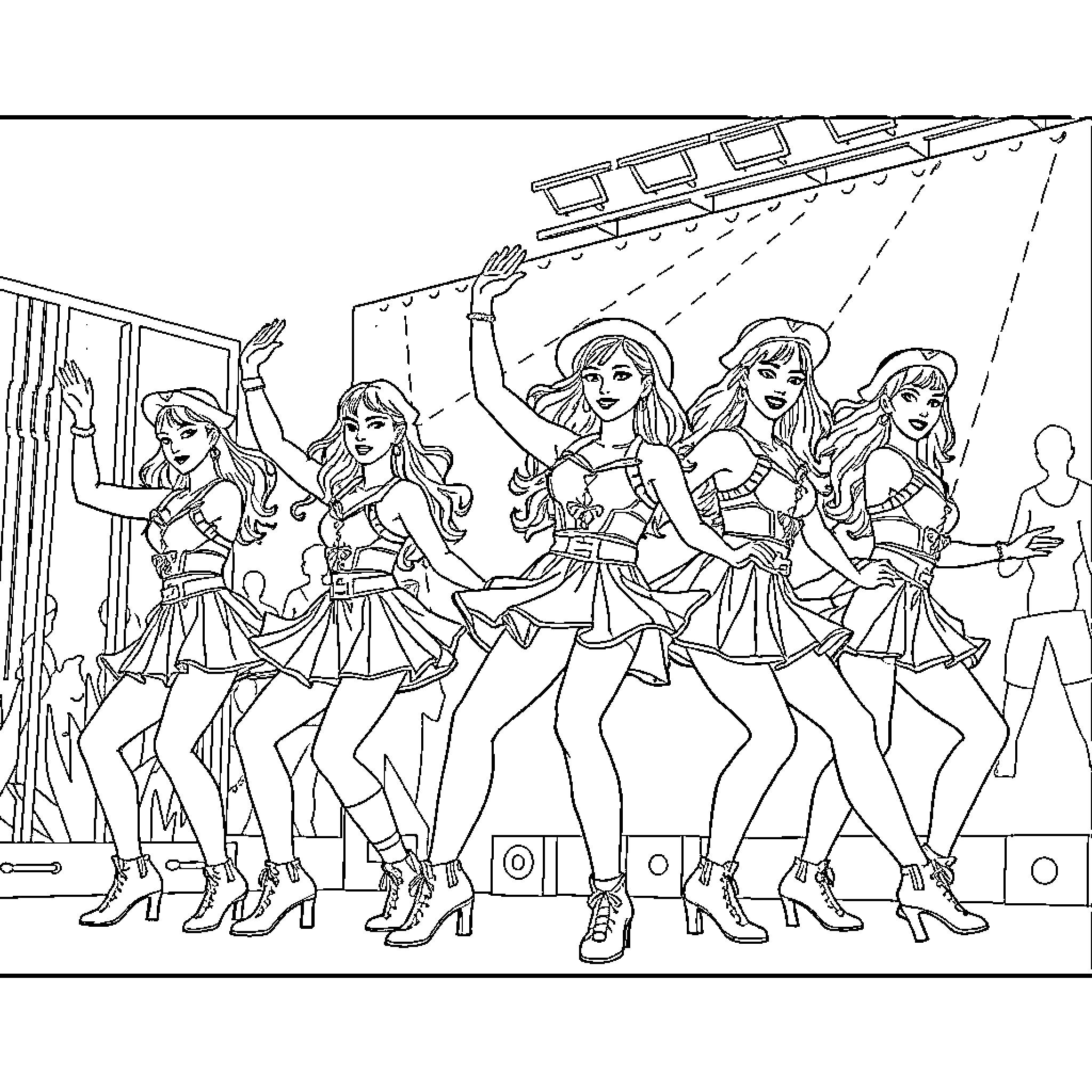 Rummy's Dance Spectacular Coloring Page (free black-and-white line drawing printable PDF for all, from beginners to advanced learners, including children, teens, adults, and seniors)