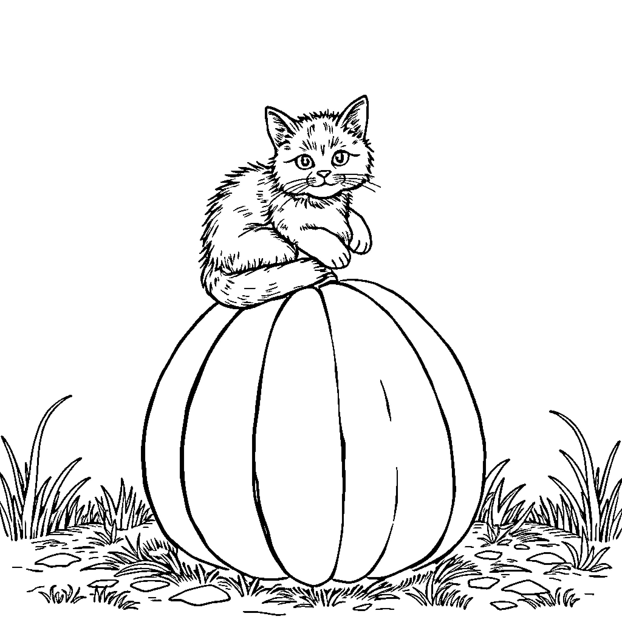 Pumpkin-shaped cat relaxing in the field Coloring Page (free black-and-white line drawing printable PDF for all, from beginners to advanced learners, including children, teens, adults, and seniors)
