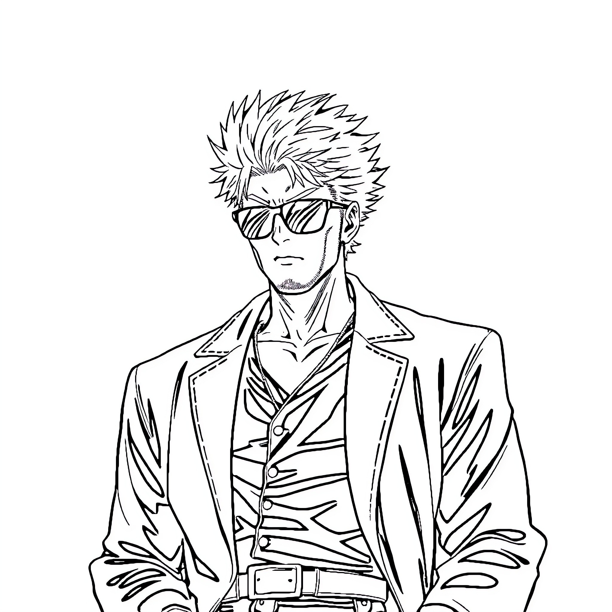 Gojo Saturo's Confident and Stylish Appearance Coloring Page (free black-and-white line drawing printable PDF for all, from beginners to advanced learners, including children, teens, adults, and seniors)