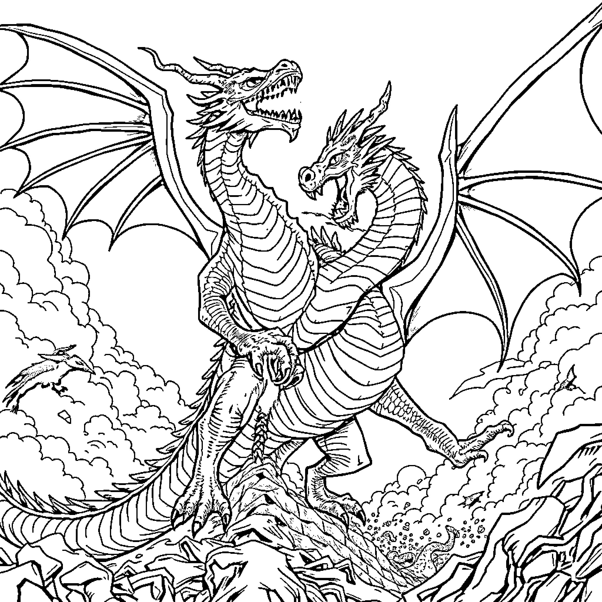 Dragon couple engaged in fierce battle Coloring Page (free black-and-white line drawing printable PDF for all, from beginners to advanced learners, including children, teens, adults, and seniors)