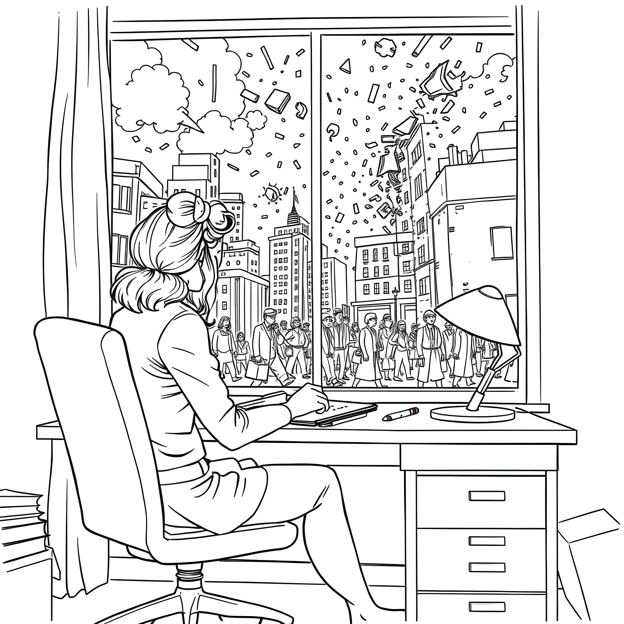Woman gazing out of the window at the bustling city Coloring Page (free black-and-white line drawing printable PDF for all, from beginners to advanced learners, including children, teens, adults, and seniors)