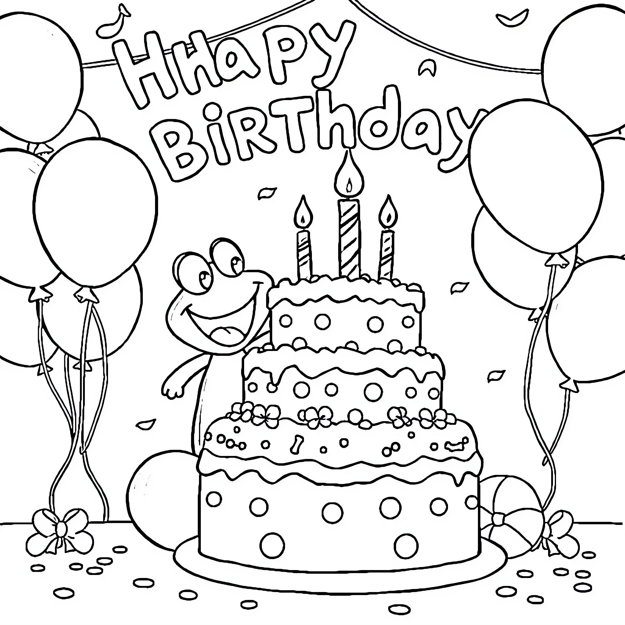 Bluey's Happy Birthday Celebration Coloring Page (free black-and-white line drawing printable PDF for all, from beginners to advanced learners, including children, teens, adults, and seniors)