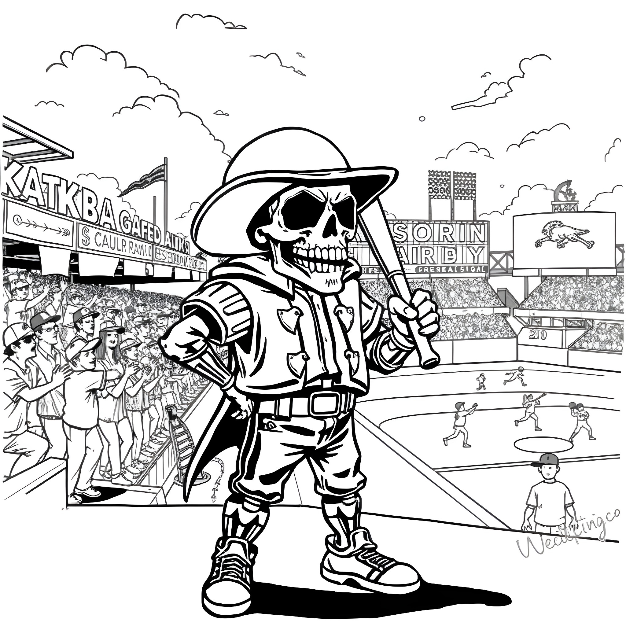 Skull Trooper Rallying the Crowd at the Stadium Coloring Page (free black-and-white line drawing printable PDF for all, from beginners to advanced learners, including children, teens, adults, and seniors)