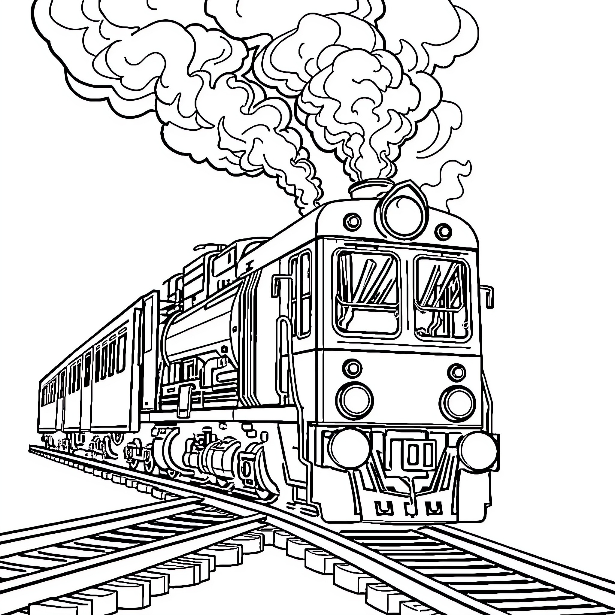 Train racing on tracks with steam and smoke Coloring Page (free black-and-white line drawing printable PDF for all, from beginners to advanced learners, including children, teens, adults, and seniors)