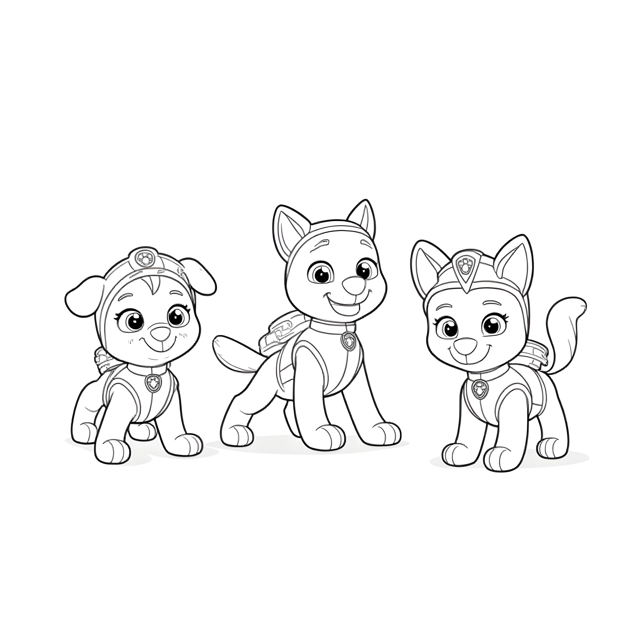 Paw Patrol puppies playing and exploring together Coloring Page (free black-and-white line drawing printable PDF for all, from beginners to advanced learners, including children, teens, adults, and seniors)