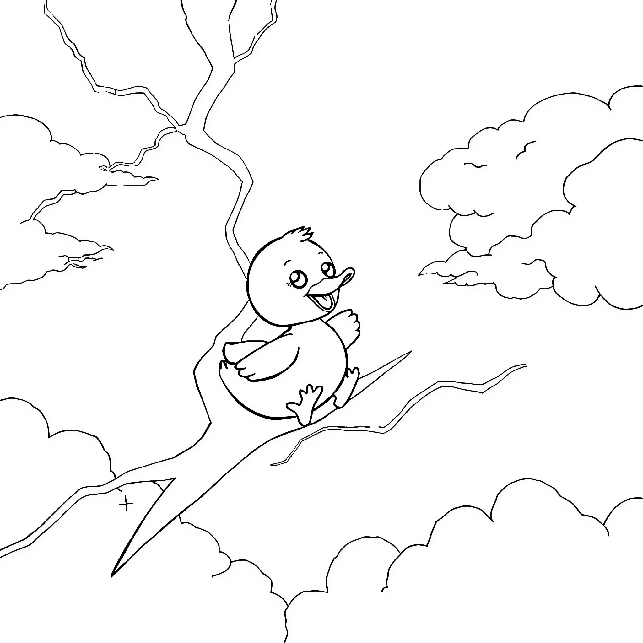 Duck soaring through the stormy skies Coloring Page (free black-and-white line drawing printable PDF for all, from beginners to advanced learners, including children, teens, adults, and seniors)