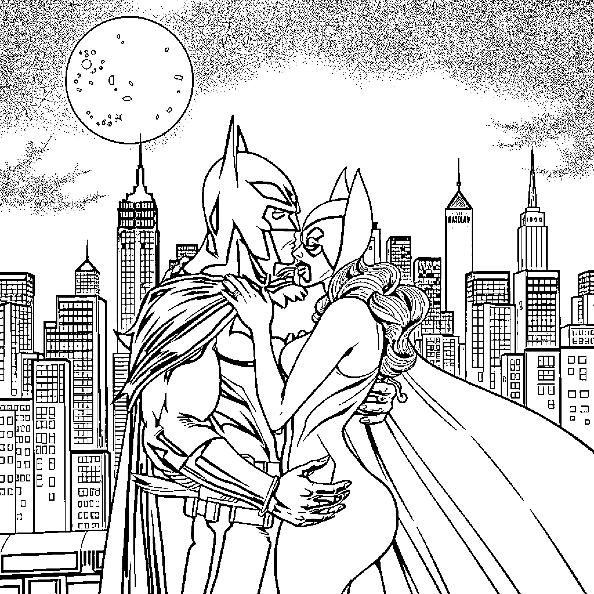 Batman embracing Catwoman on city skyline Coloring Page (free black-and-white line drawing printable PDF for all, from beginners to advanced learners, including children, teens, adults, and seniors)