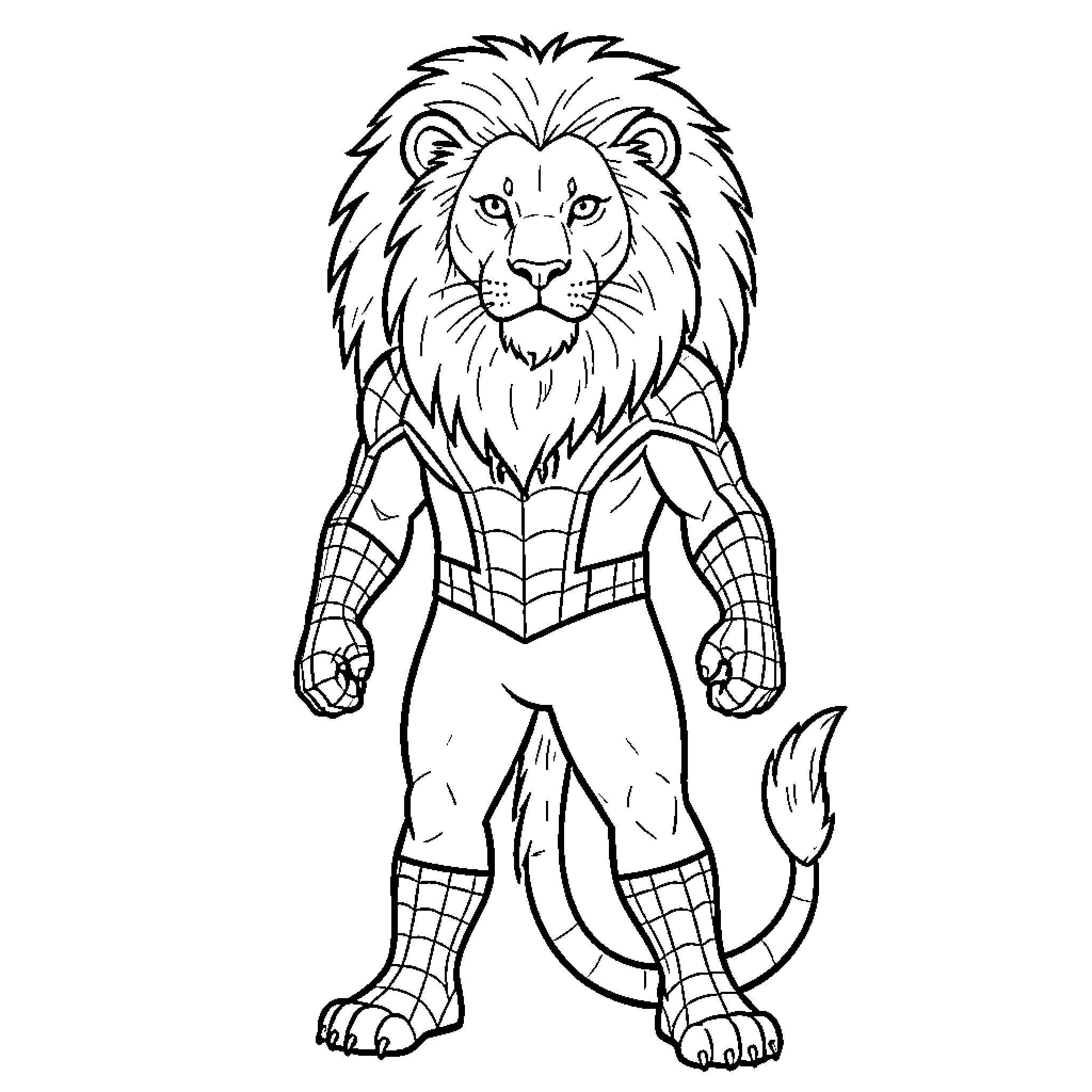 Lion standing with confidence in heroic pose Coloring Page (free black-and-white line drawing printable PDF for all, from beginners to advanced learners, including children, teens, adults, and seniors)