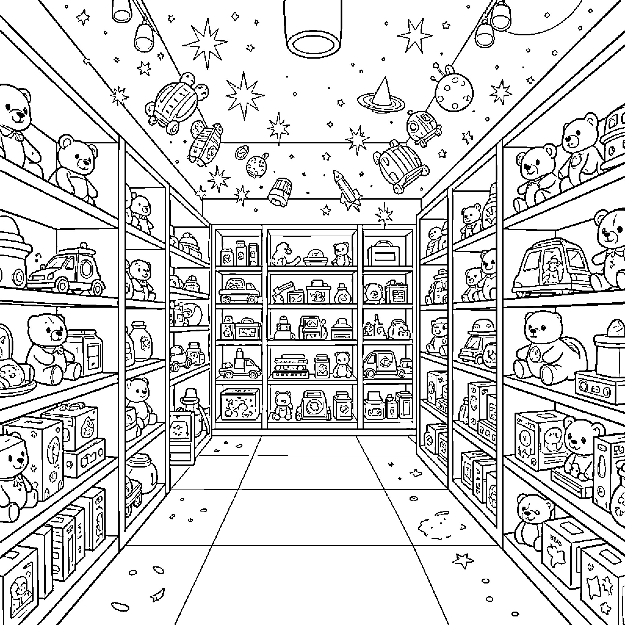 Toy Store Shelves Filled with Playful Treasures Coloring Page (free black-and-white line drawing printable PDF for all, from beginners to advanced learners, including children, teens, adults, and seniors)