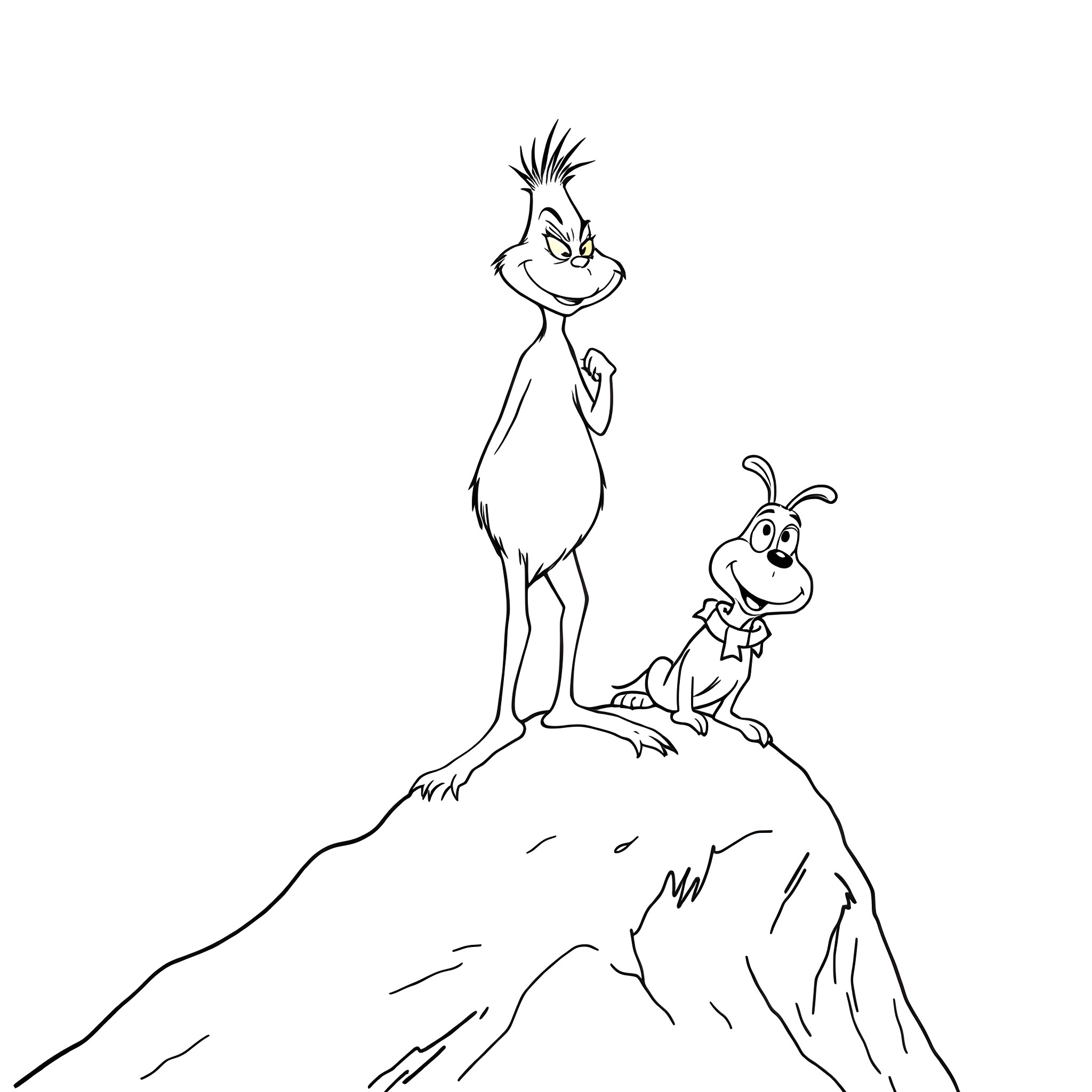 Grinch and sidekick atop a cliff Coloring Page (free black-and-white line drawing printable PDF for all, from beginners to advanced learners, including children, teens, adults, and seniors)