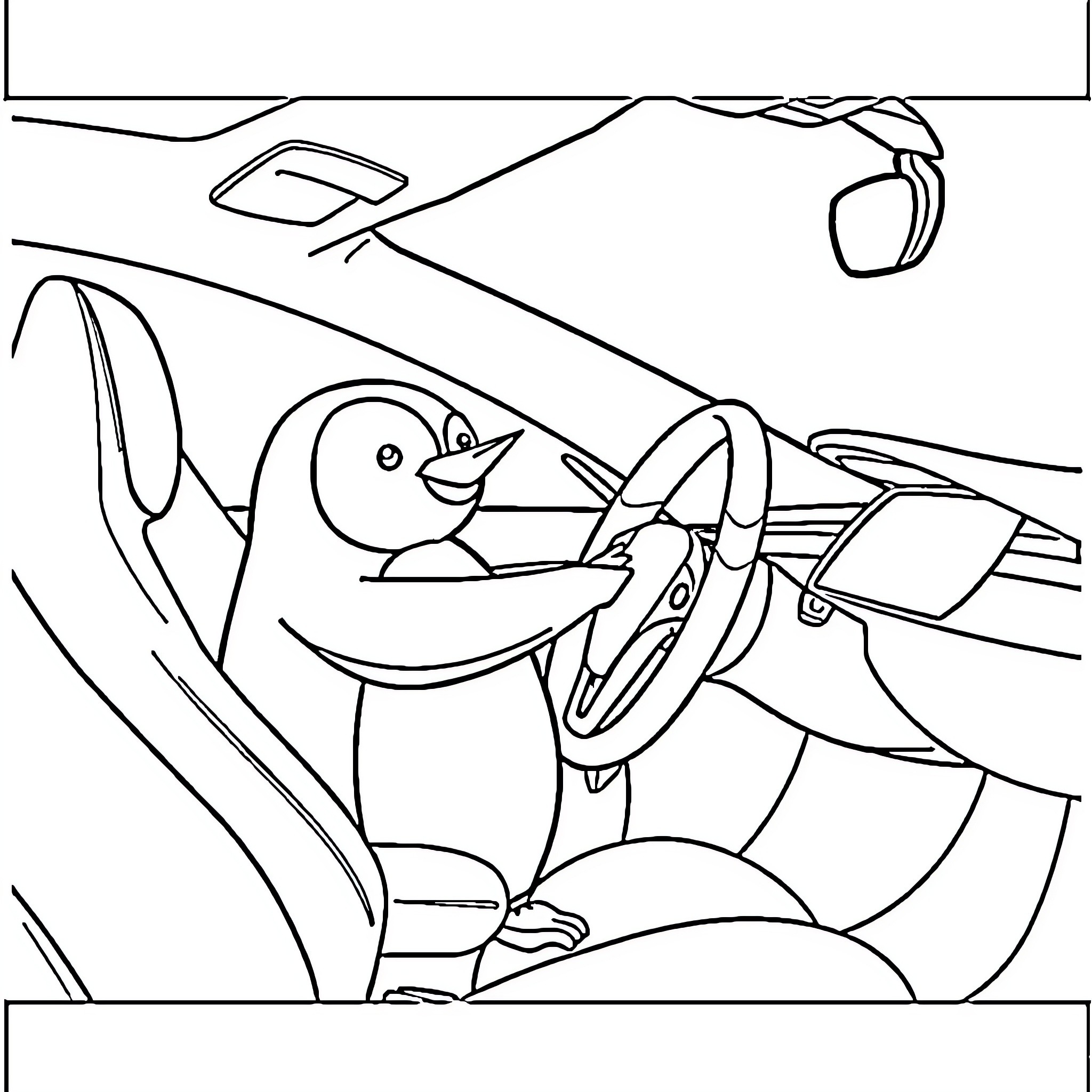 Penguin piloting an aircraft Coloring Page (free black-and-white line drawing printable PDF for all, from beginners to advanced learners, including children, teens, adults, and seniors)