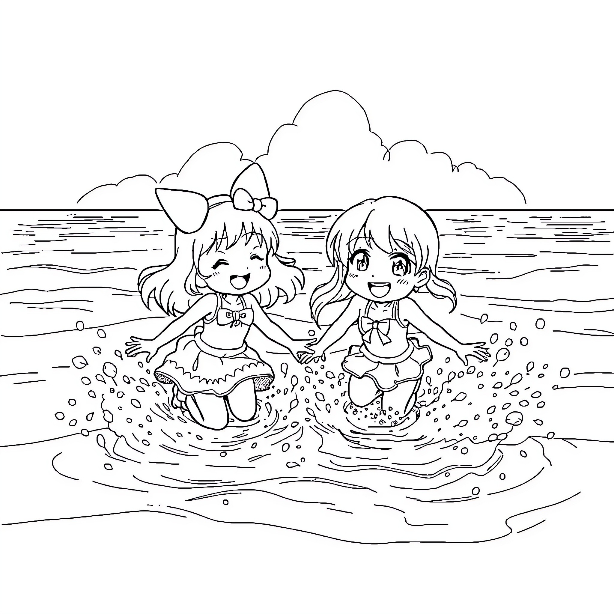 Melody of Carefree Girls in the Beach Coloring Page (free black-and-white line drawing printable PDF for all, from beginners to advanced learners, including children, teens, adults, and seniors)