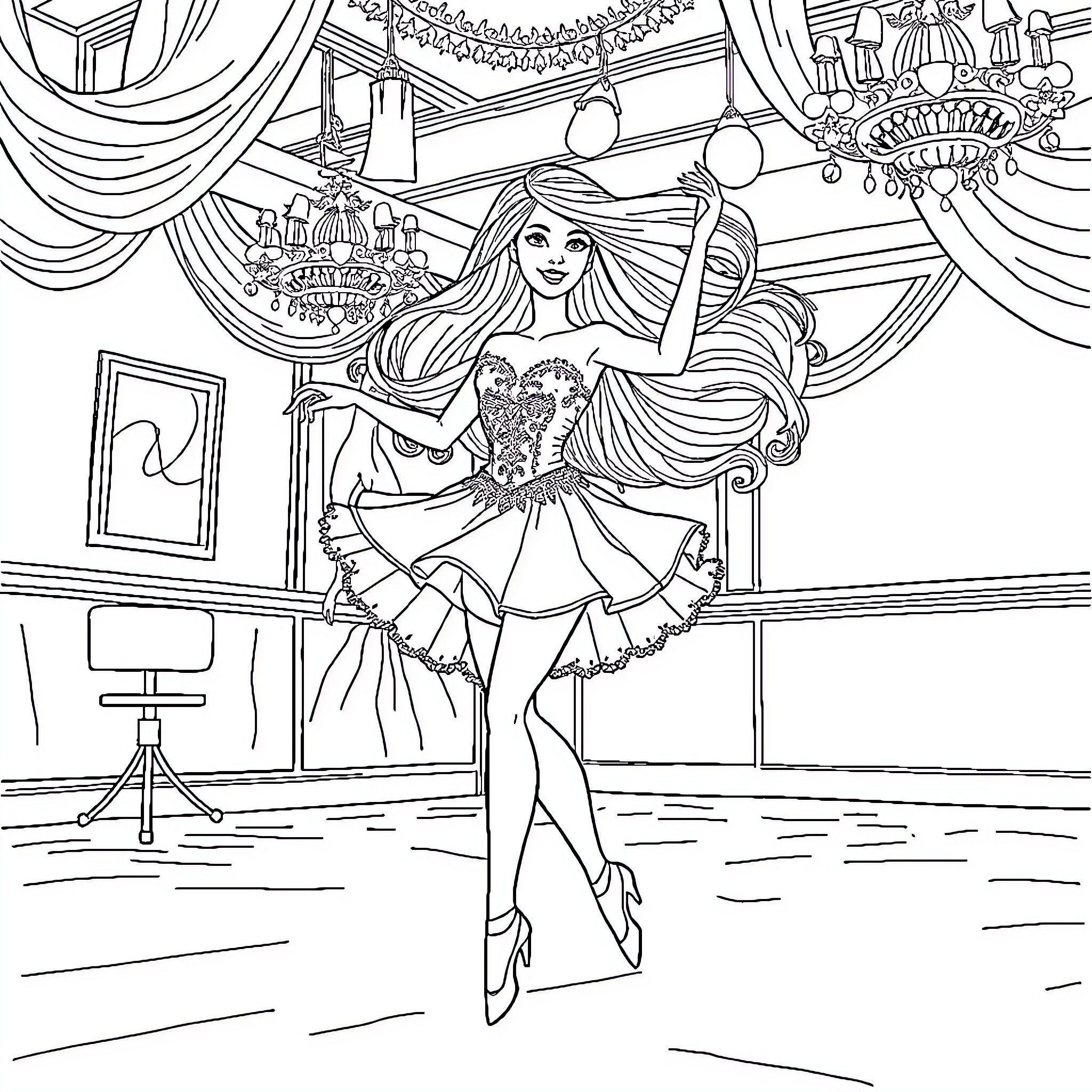 Barbie Dancing in the Elegant Ballroom Coloring Page (free black-and-white line drawing printable PDF for all, from beginners to advanced learners, including children, teens, adults, and seniors)