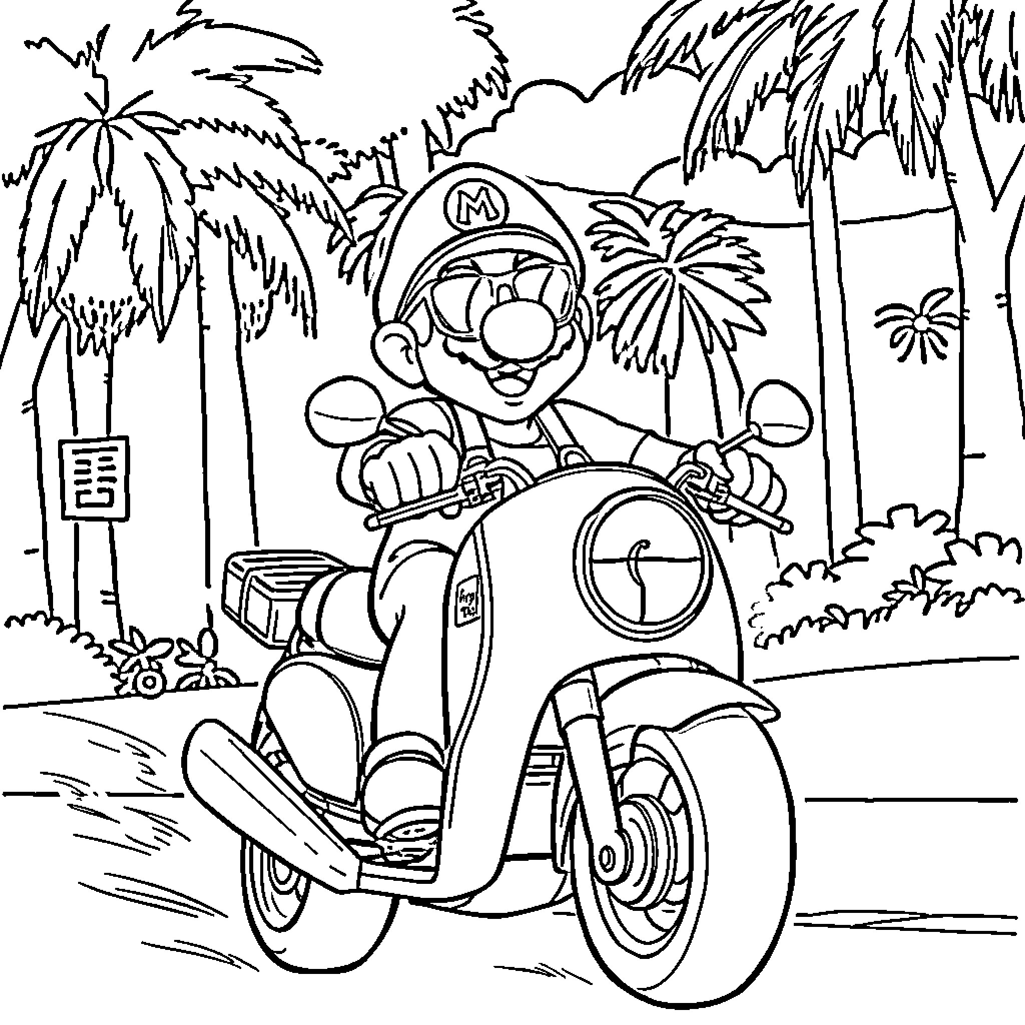 Mario riding a scooter through a tropical landscape Coloring Page (free black-and-white line drawing printable PDF for all, from beginners to advanced learners, including children, teens, adults, and seniors)