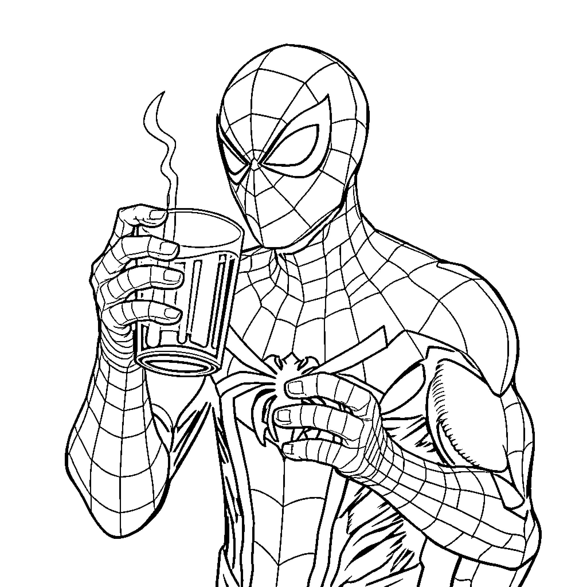 Spiderman Enjoys a Refreshing Drink Coloring Page (free black-and-white line drawing printable PDF for all, from beginners to advanced learners, including children, teens, adults, and seniors)