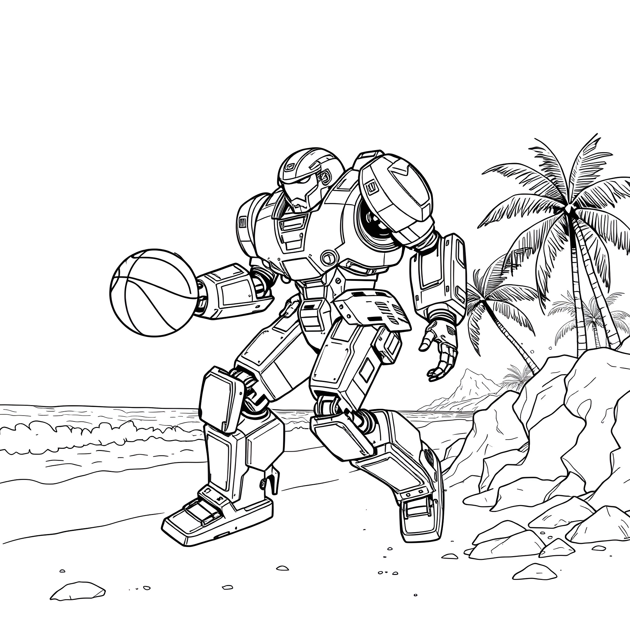 Mech Warrior Relaxing on a Tropical Beach Coloring Page (free black-and-white line drawing printable PDF for all, from beginners to advanced learners, including children, teens, adults, and seniors)