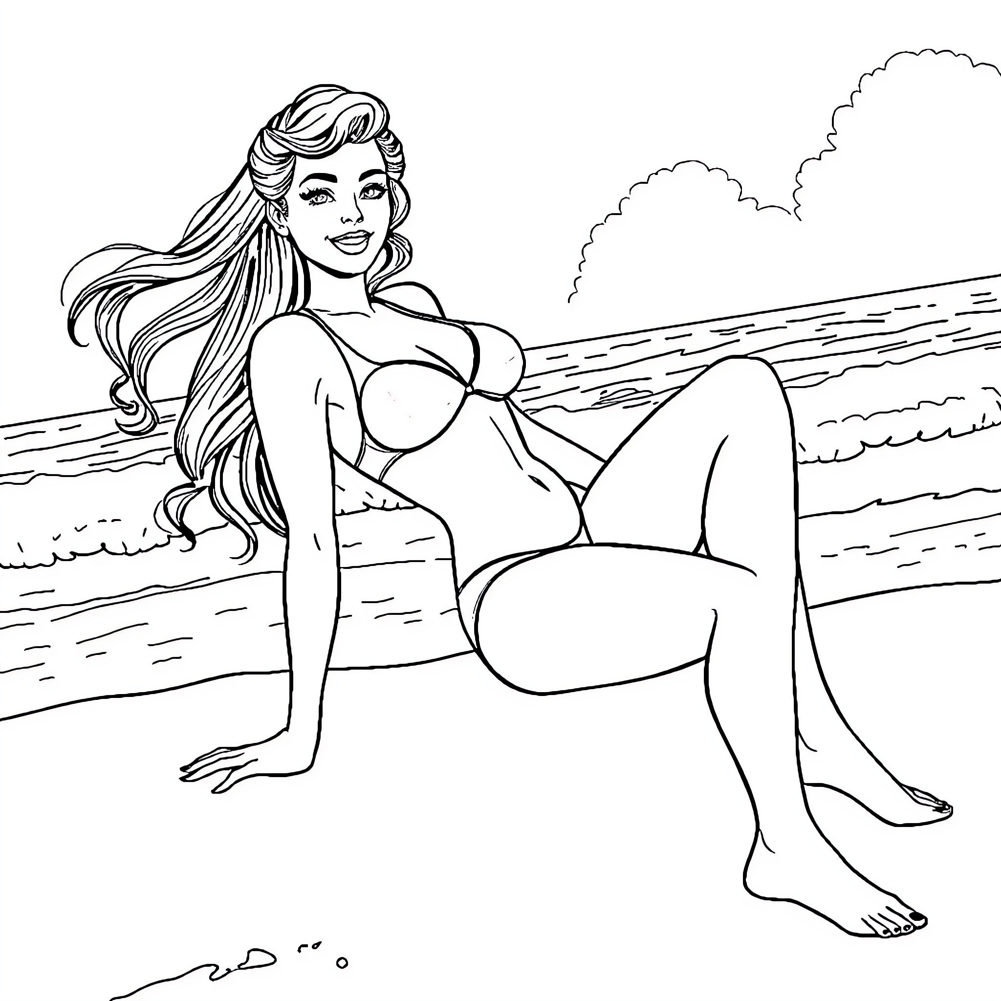 Pin Up Girl Posing Confidently on the Beach Coloring Page (free black-and-white line drawing printable PDF for all, from beginners to advanced learners, including children, teens, adults, and seniors)