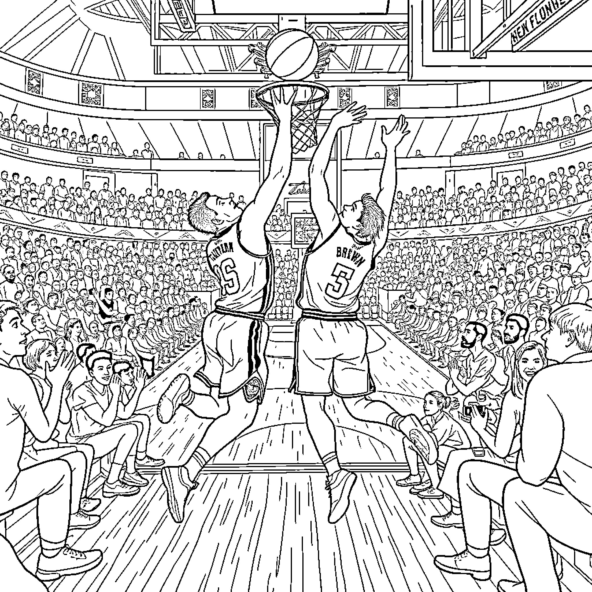 Jayson Tatum in action at the basketball game Coloring Page (free black-and-white line drawing printable PDF for all, from beginners to advanced learners, including children, teens, adults, and seniors)