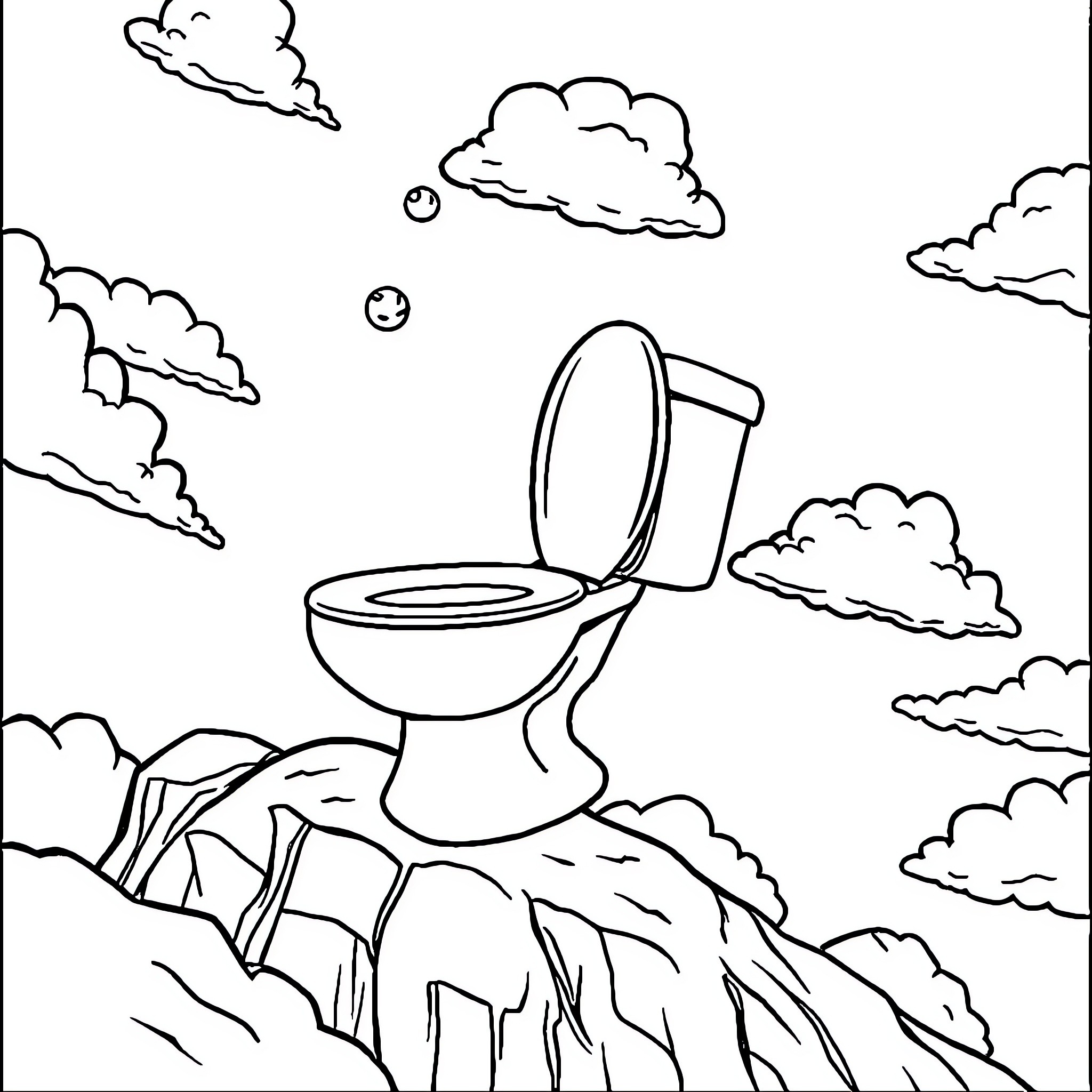 Skibidi Toilet Surreal Outdoor Scene Coloring Page (free black-and-white line drawing printable PDF for all, from beginners to advanced learners, including children, teens, adults, and seniors)