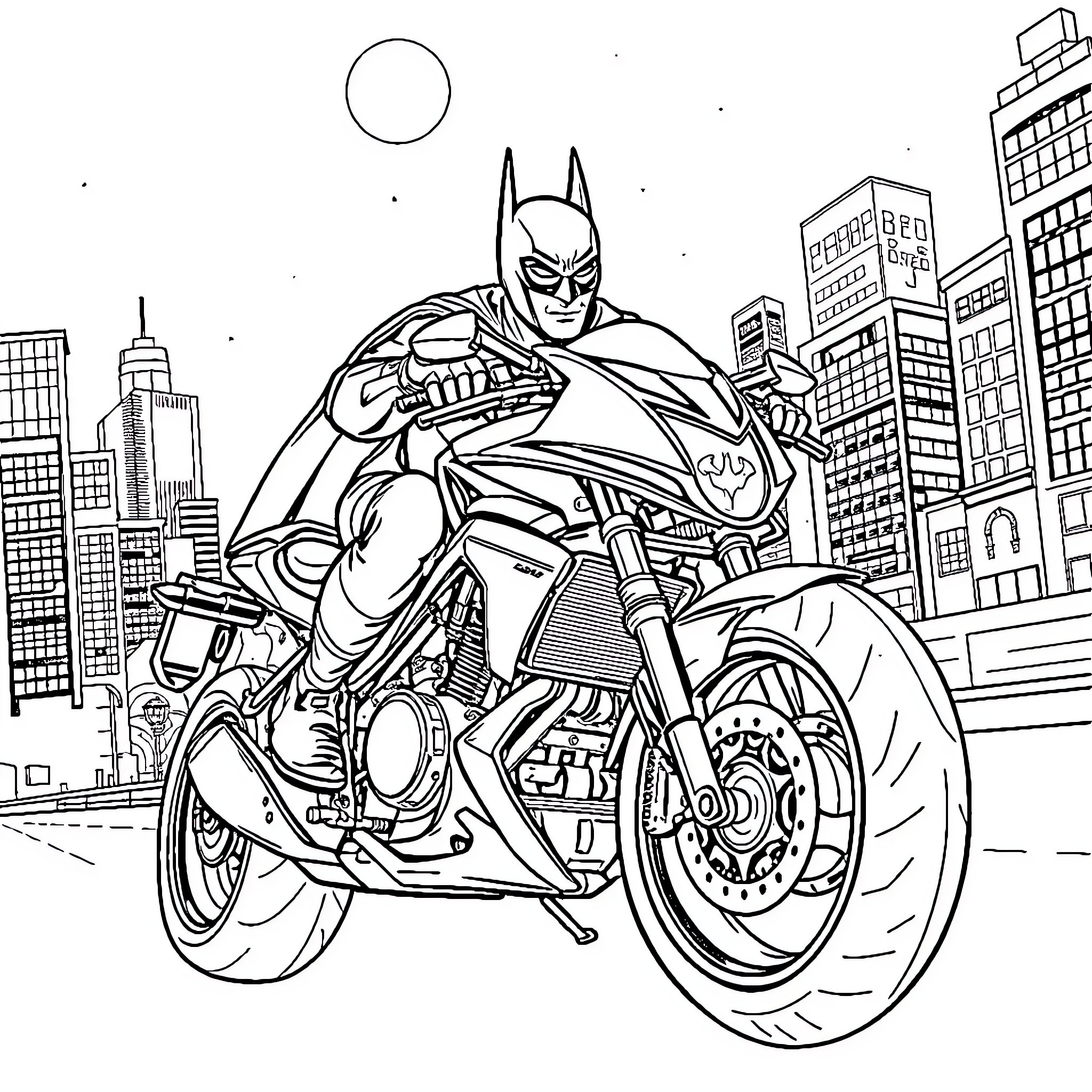 Batman Motorcycle Speeding Through City Skyline Coloring Page (free black-and-white line drawing printable PDF for all, from beginners to advanced learners, including children, teens, adults, and seniors)