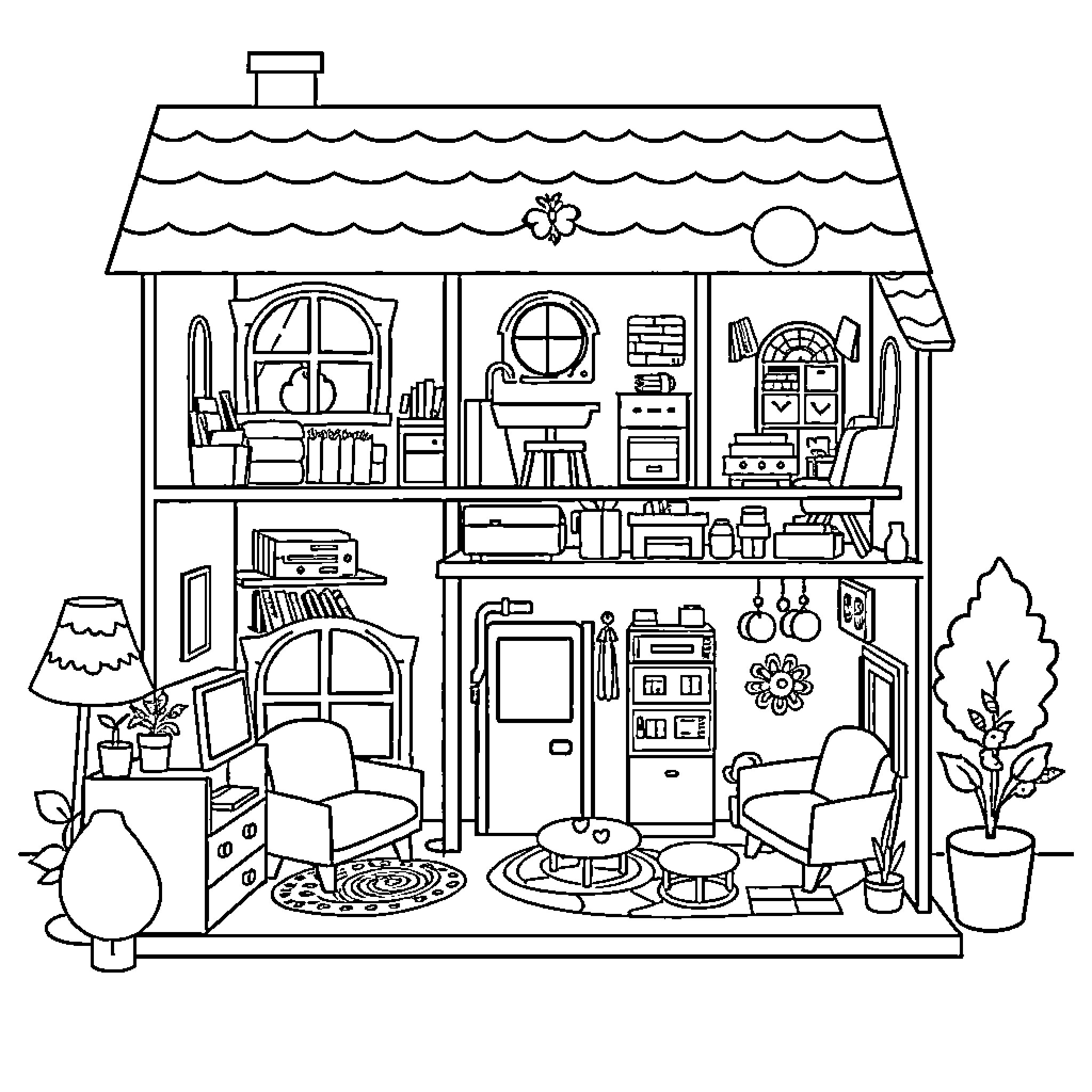 Dollhouse with Furnishings and Decor Coloring Page (free black-and-white line drawing printable PDF for all, from beginners to advanced learners, including children, teens, adults, and seniors)