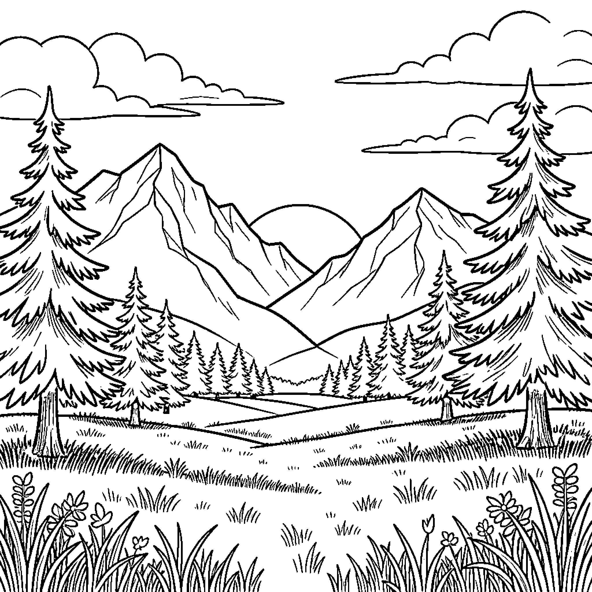 Atardecer in the serene mountain landscape Coloring Page (free black-and-white line drawing printable PDF for all, from beginners to advanced learners, including children, teens, adults, and seniors)