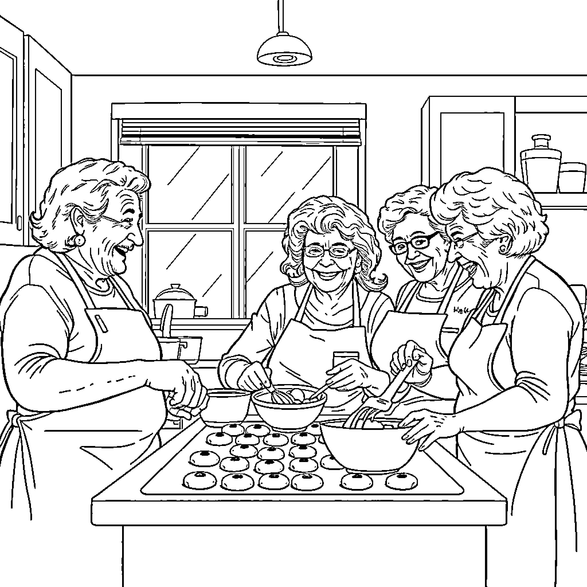 Senior Bakers Preparing Delightful Treats Coloring Page (free black-and-white line drawing printable PDF for all, from beginners to advanced learners, including children, teens, adults, and seniors)