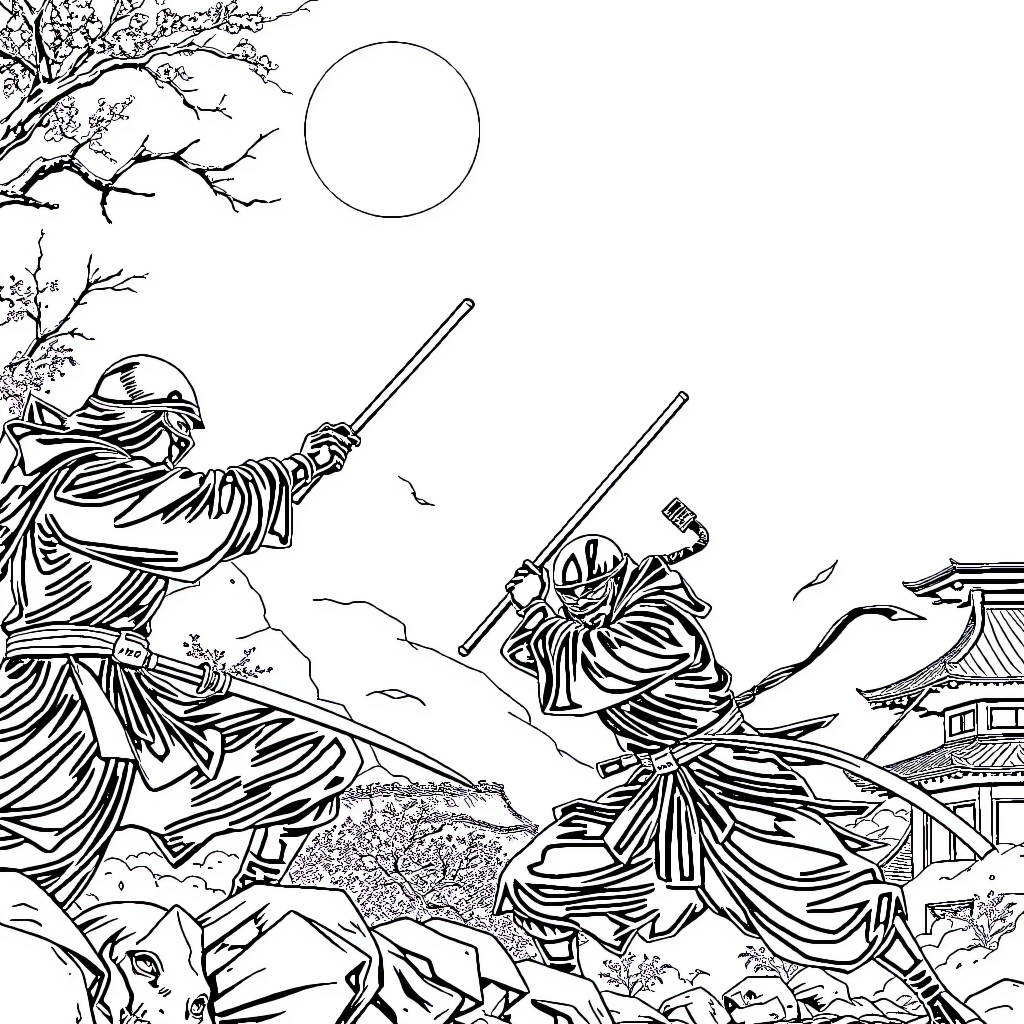 Ninja warriors engaged in fierce battle on a snowy landscape Coloring Page (free black-and-white line drawing printable PDF for all, from beginners to advanced learners, including children, teens, adults, and seniors)