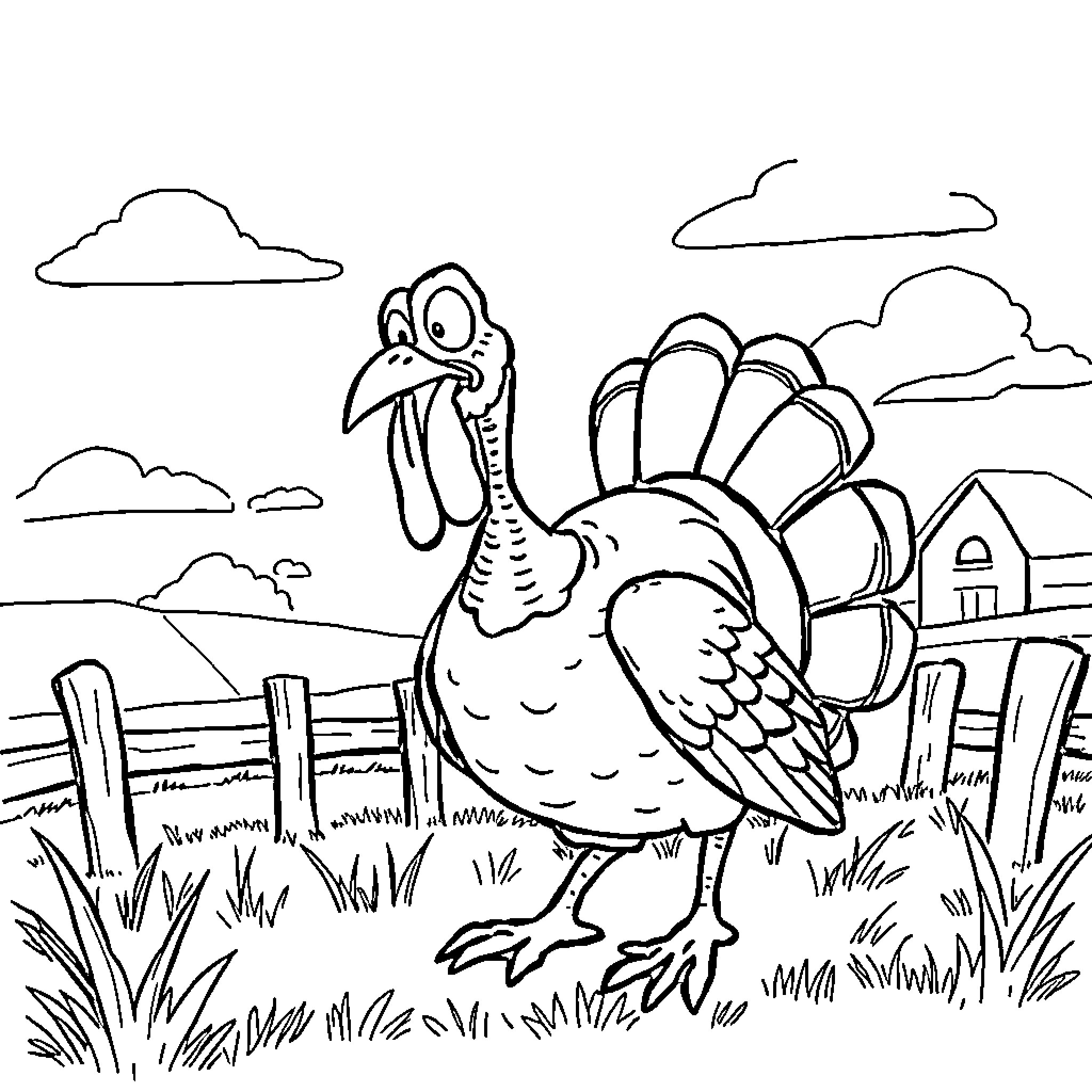 Turkey strutting in a rural countryside setting Coloring Page (free black-and-white line drawing printable PDF for all, from beginners to advanced learners, including children, teens, adults, and seniors)