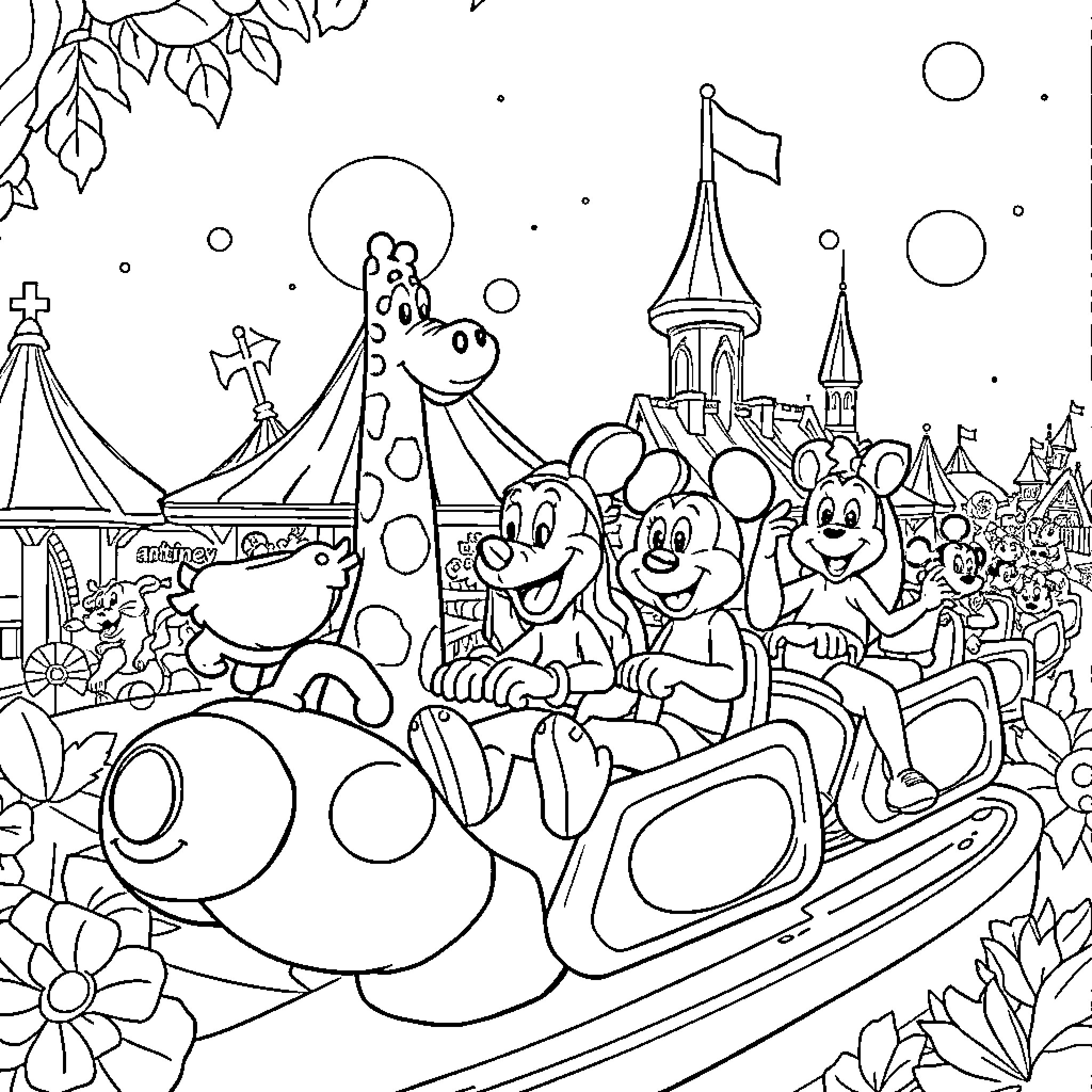 Zootropolist Carnival Fun at the Amusement Park Coloring Page (free black-and-white line drawing printable PDF for all, from beginners to advanced learners, including children, teens, adults, and seniors)