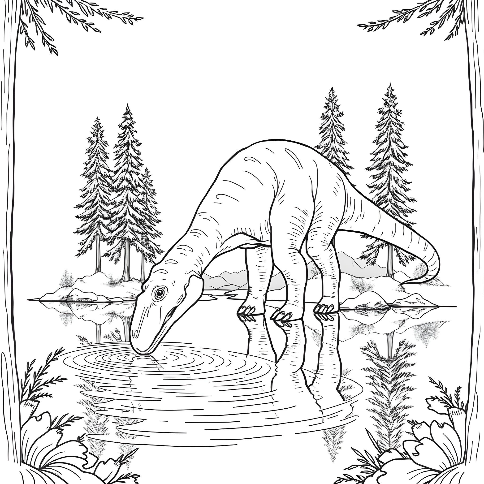Parasaurolophus exploring the serene forest landscape Coloring Page (free black-and-white line drawing printable PDF for all, from beginners to advanced learners, including children, teens, adults, and seniors)