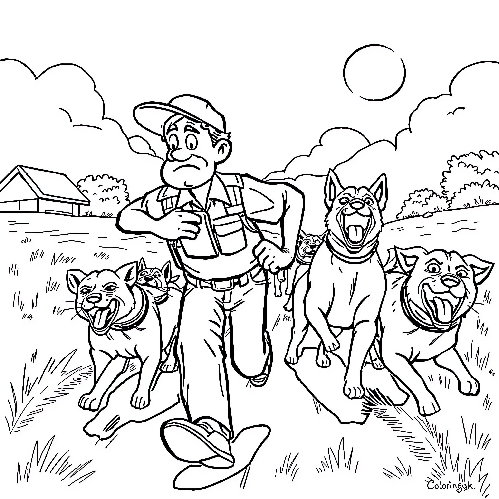 Mailman walking with dogs on a countryside path Coloring Page (free black-and-white line drawing printable PDF for all, from beginners to advanced learners, including children, teens, adults, and seniors)