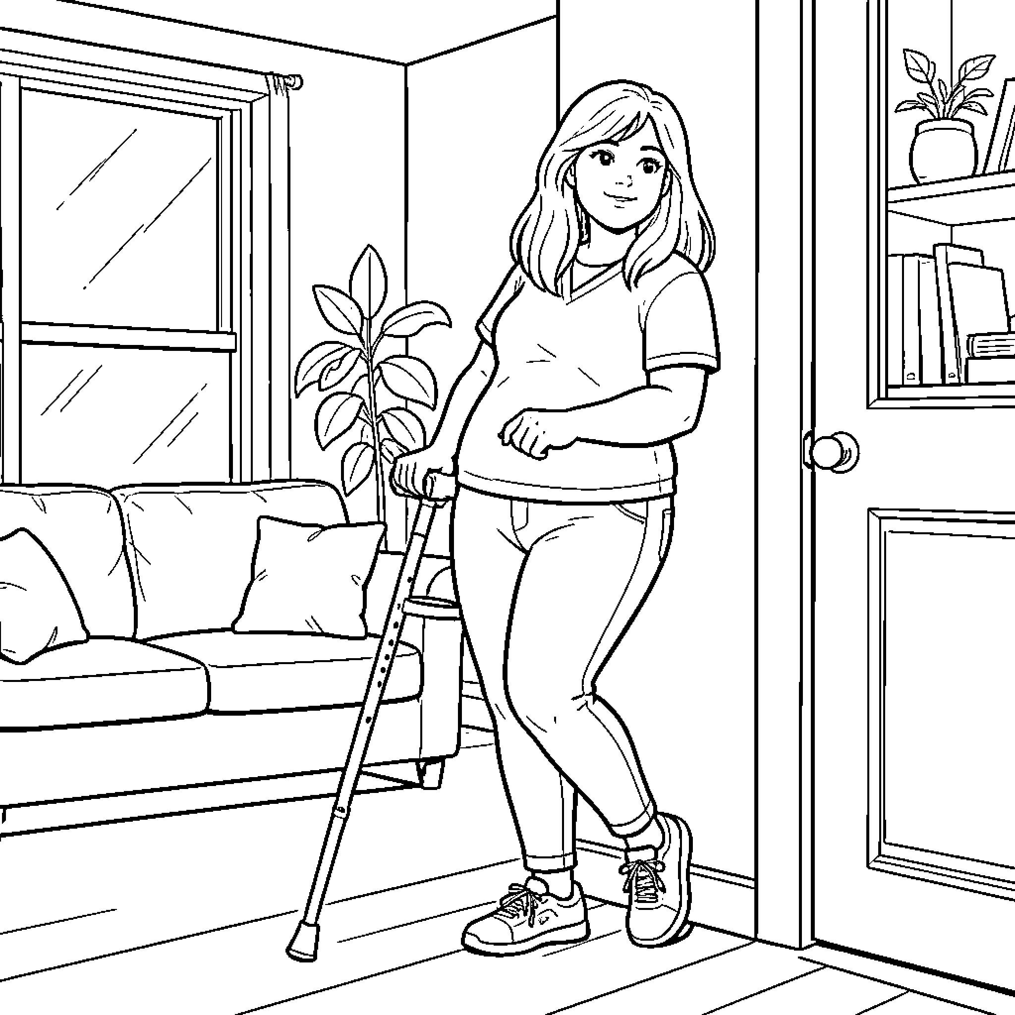 Woman leaning on a crutch in a living room Coloring Page (free black-and-white line drawing printable PDF for all, from beginners to advanced learners, including children, teens, adults, and seniors)