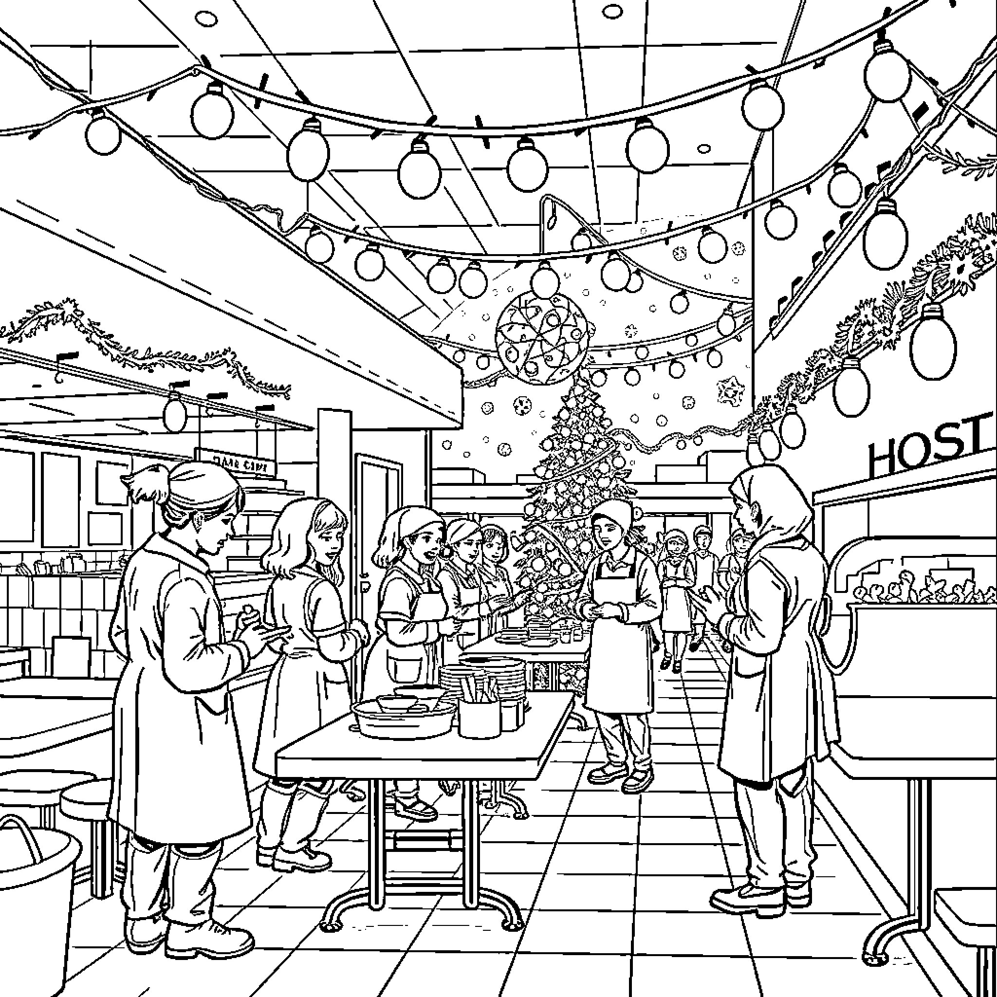 Holiday Gathering with Festive Decorations Coloring Page (free black-and-white line drawing printable PDF for all, from beginners to advanced learners, including children, teens, adults, and seniors)